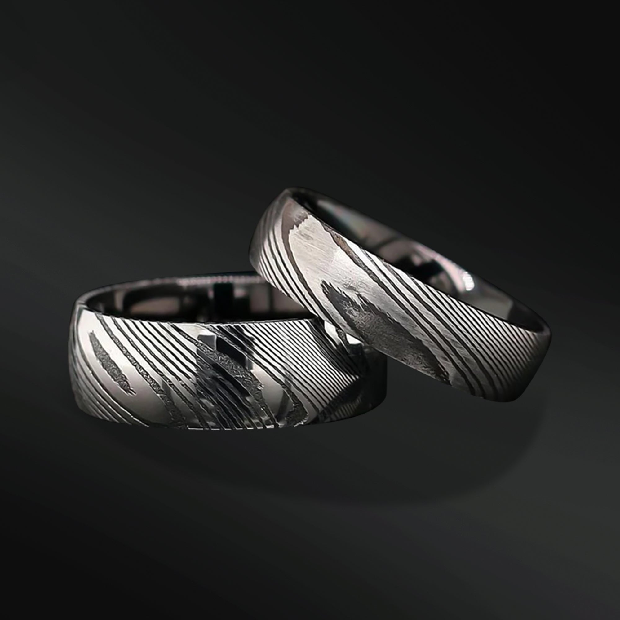 His and Her Damascus Steel Wedding Rings Set Mokume Gane Wedding Band Set