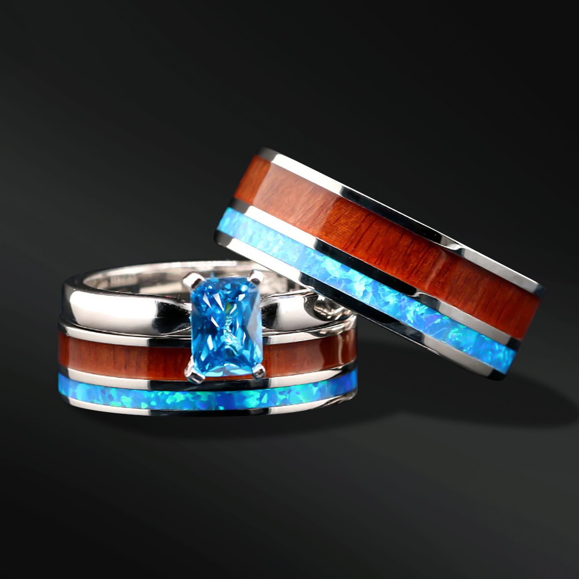 His and Her Opal Wedding Ring Set Wood Wedding Bands Stainless Steel Sterling Silver