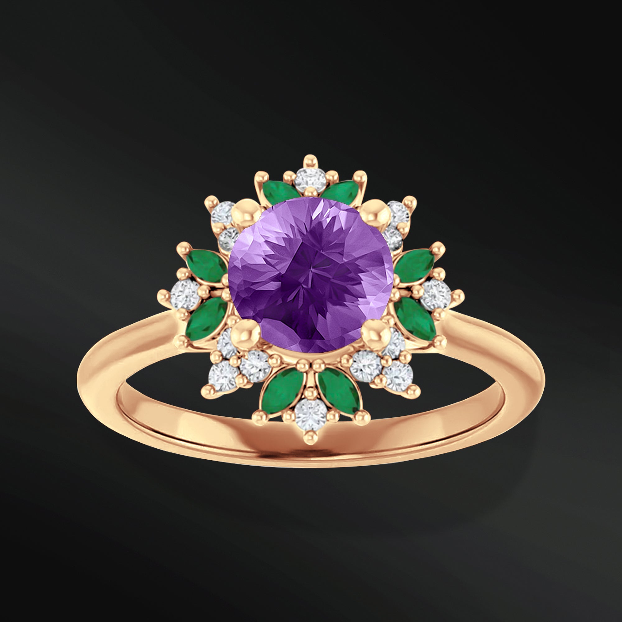 Lavender Luxe - 14K Gold Engagement Ring | 6.5mm AAA Amethyst | GHI Color, VS Clarity Natural Diamonds & Marquise Lab Emeralds | Handcrafted Floral Halo Design