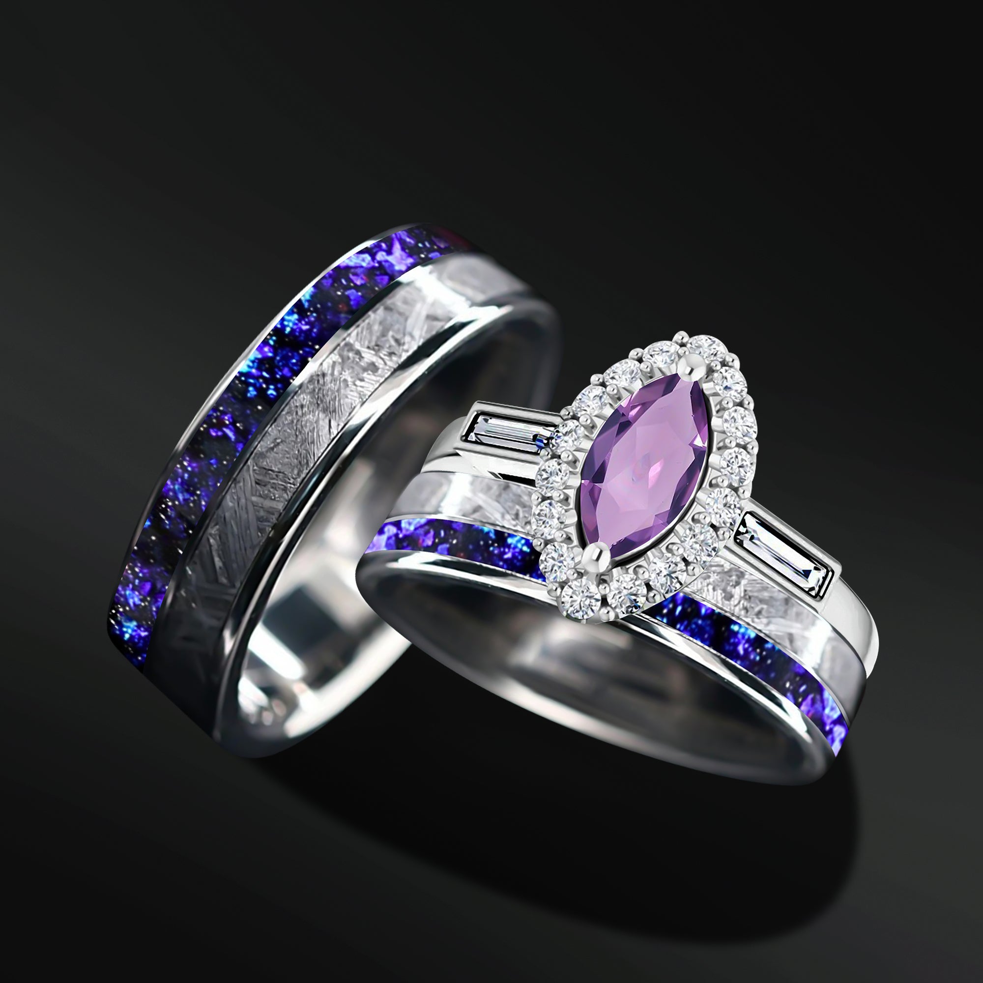 Soulmate Spark Set – 3PCS His & Her Wedding Ring Set | Natural Amethyst Engagement Ring With Natural Diamonds | Muonionalusta Meteorite and Purple Opal Wedding Bands