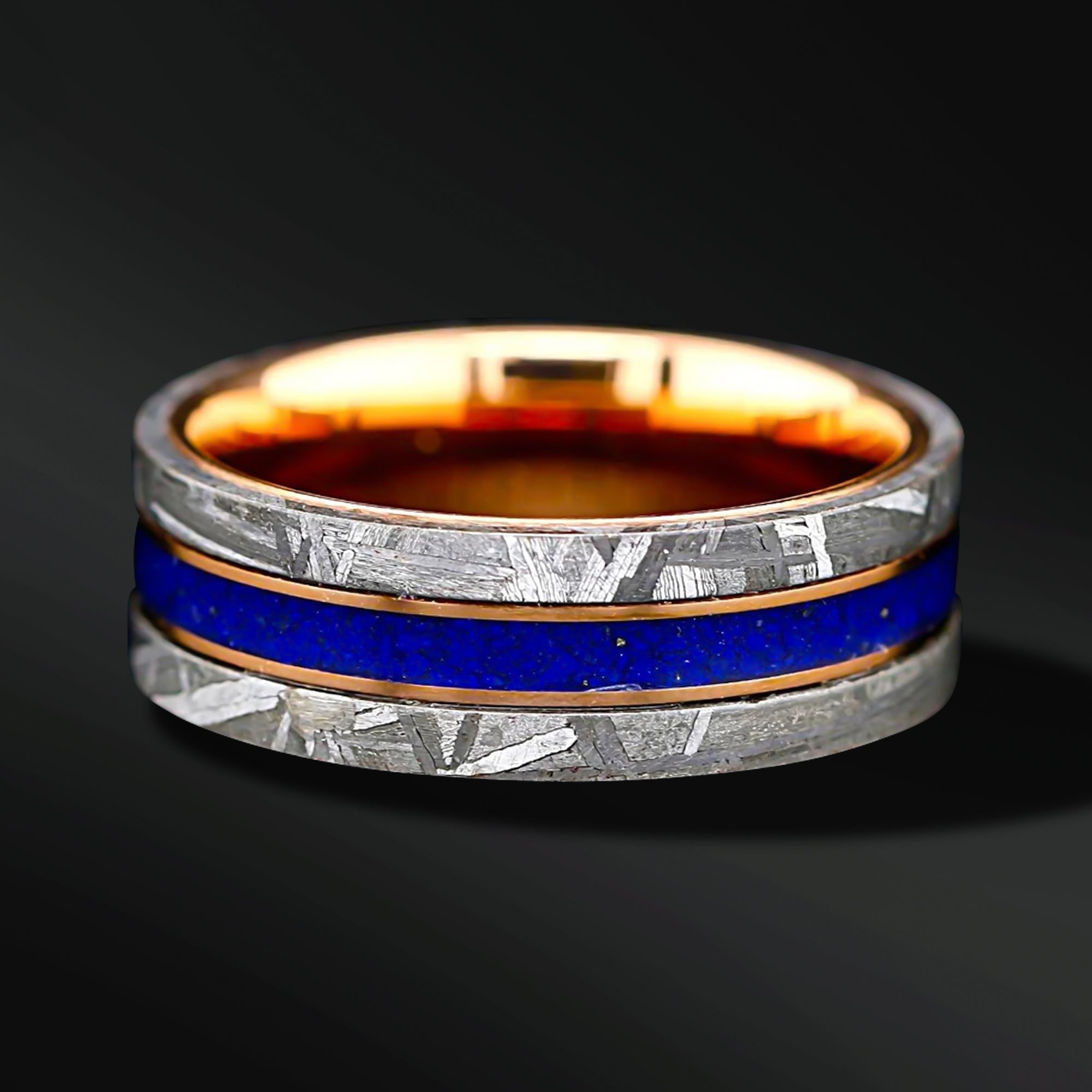 Meteorite Wedding Band | Unisex Lapis Lazuli Meteorite Ring | Tungsten with Rose Gold Wedding Band for Him & Her