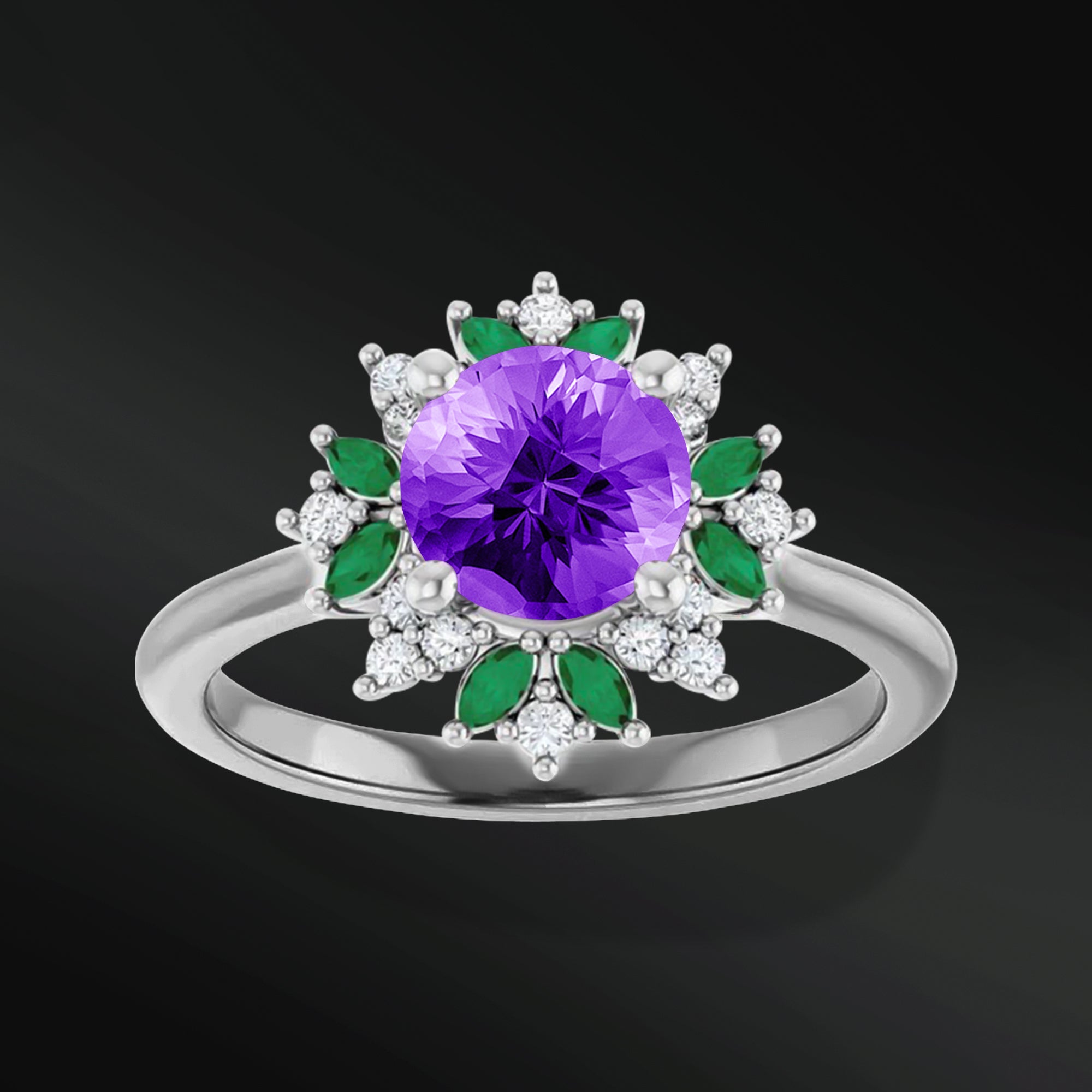 Lavender Luxe - 14K Gold Engagement Ring | 6.5mm AAA Amethyst | GHI Color, VS Clarity Natural Diamonds & Marquise Lab Emeralds | Handcrafted Floral Halo Design