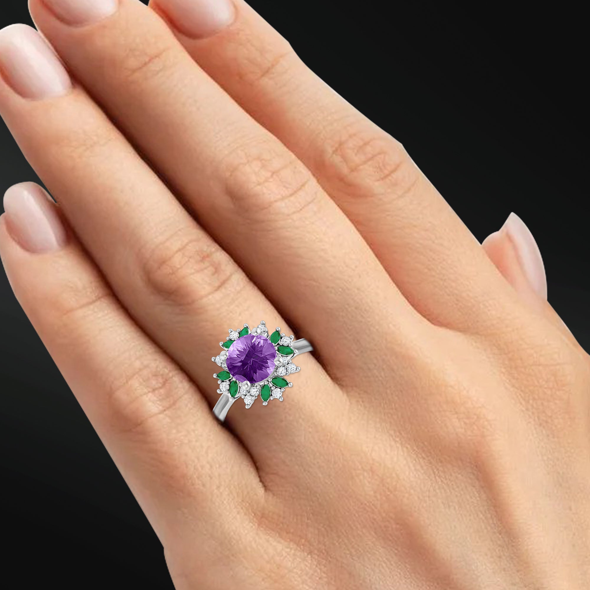 Lavender Luxe - 14K Gold Engagement Ring | 6.5mm AAA Amethyst | GHI Color, VS Clarity Natural Diamonds & Marquise Lab Emeralds | Handcrafted Floral Halo Design