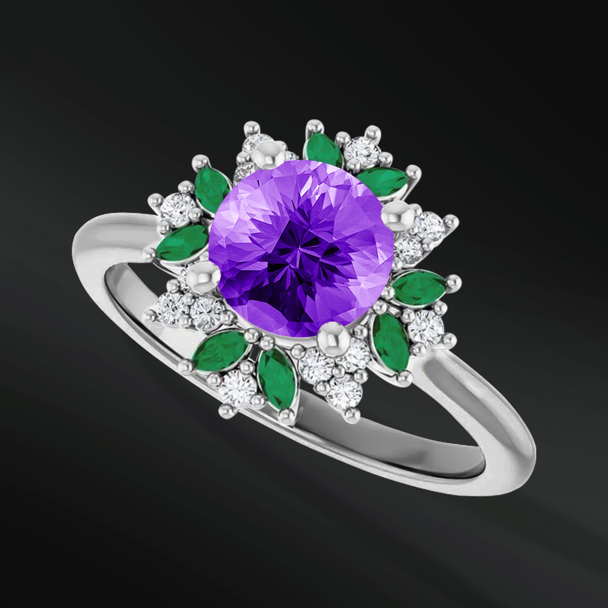 Lavender Luxe - 14K Gold Engagement Ring | 6.5mm AAA Amethyst | GHI Color, VS Clarity Natural Diamonds & Marquise Lab Emeralds | Handcrafted Floral Halo Design