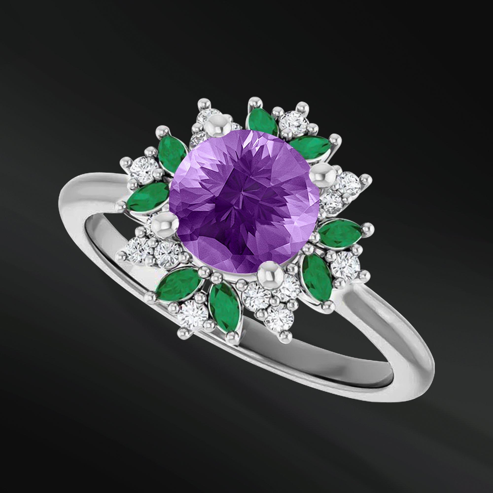 Lavender Luxe - 14K Gold Engagement Ring | 6.5mm AAA Amethyst | GHI Color, VS Clarity Natural Diamonds & Marquise Lab Emeralds | Handcrafted Floral Halo Design