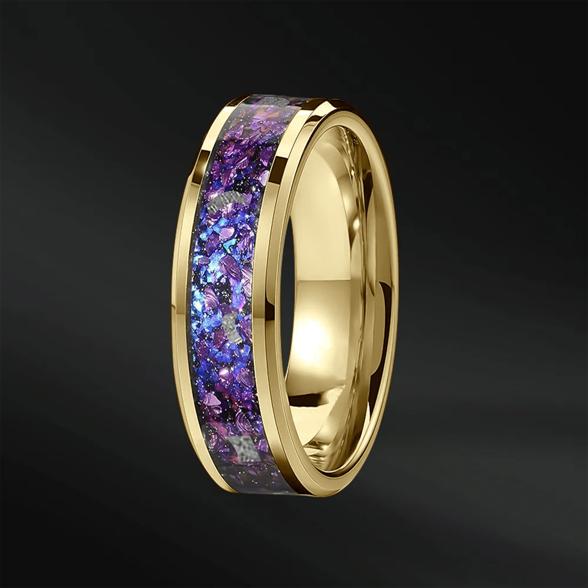Twilight Spark - Men's Wedding Band | Stainless Steel | Muonionalusta Meteorite, Natural Amethyst and Opal Inlay