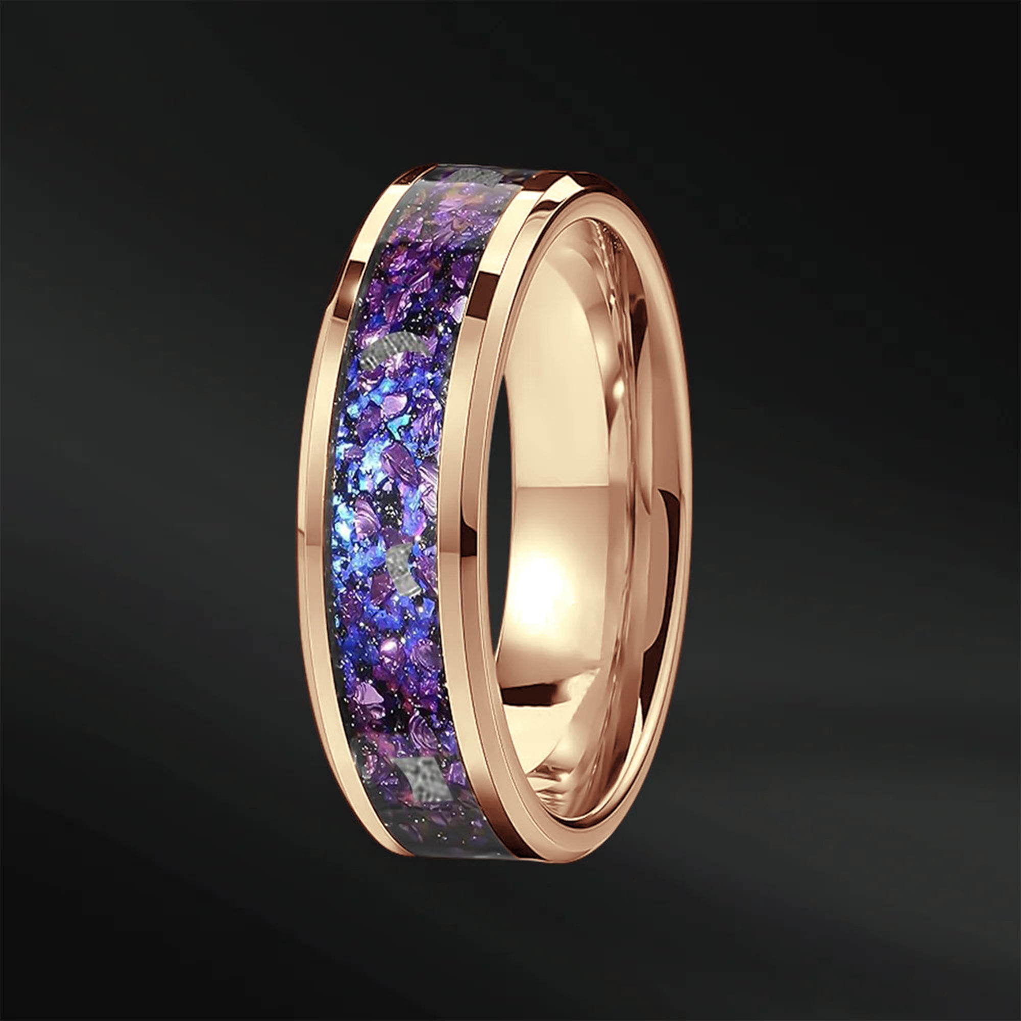 Twilight Spark - Men's Wedding Band | Stainless Steel | Muonionalusta Meteorite, Natural Amethyst and Opal Inlay