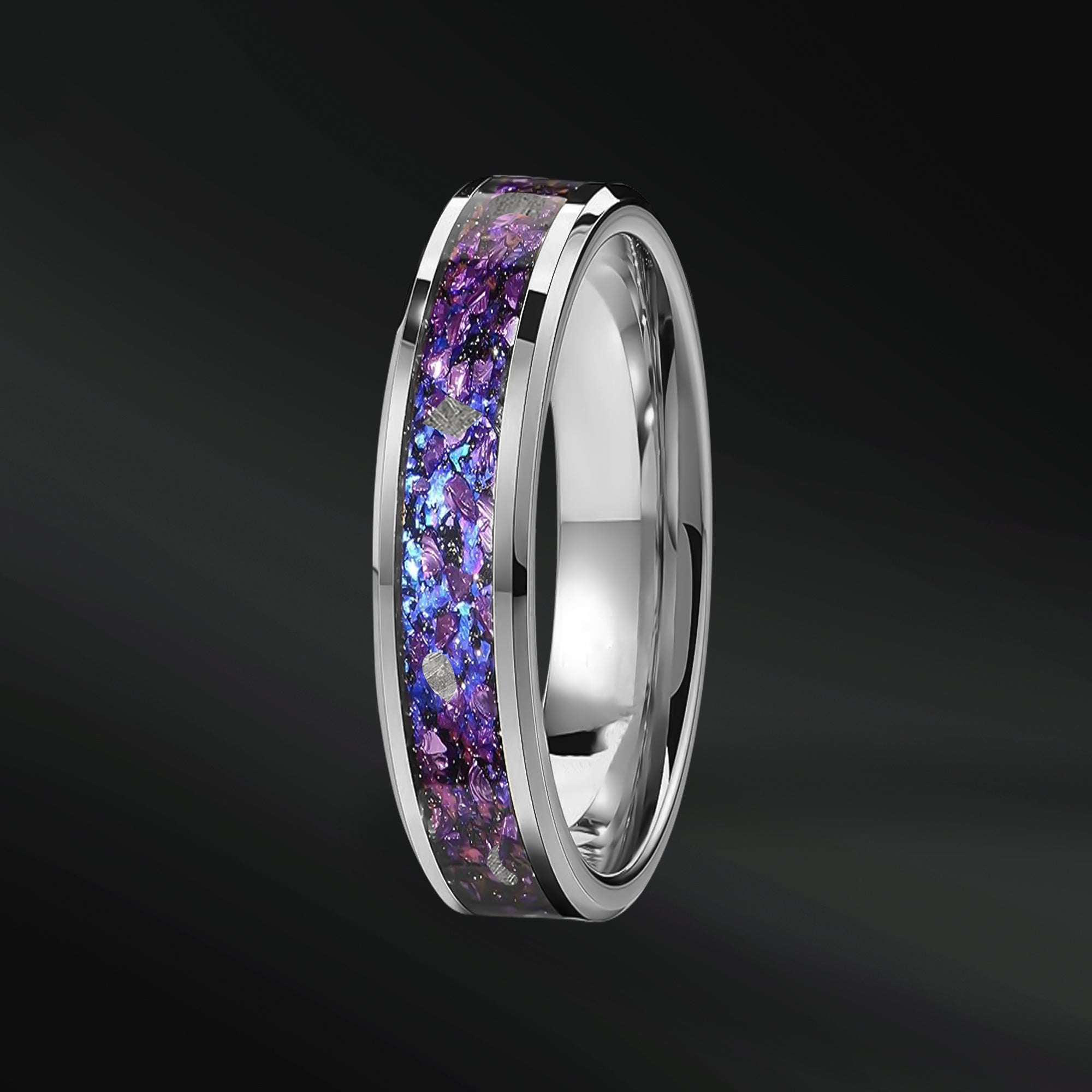 Twilight Spark Set - 3PCS His & Her Wedding Ring Set | Natural Amethyst Engagement Ring With Natural Diamonds| Muonionalusta Meteorite, Amethyst and Opal Wedding Band