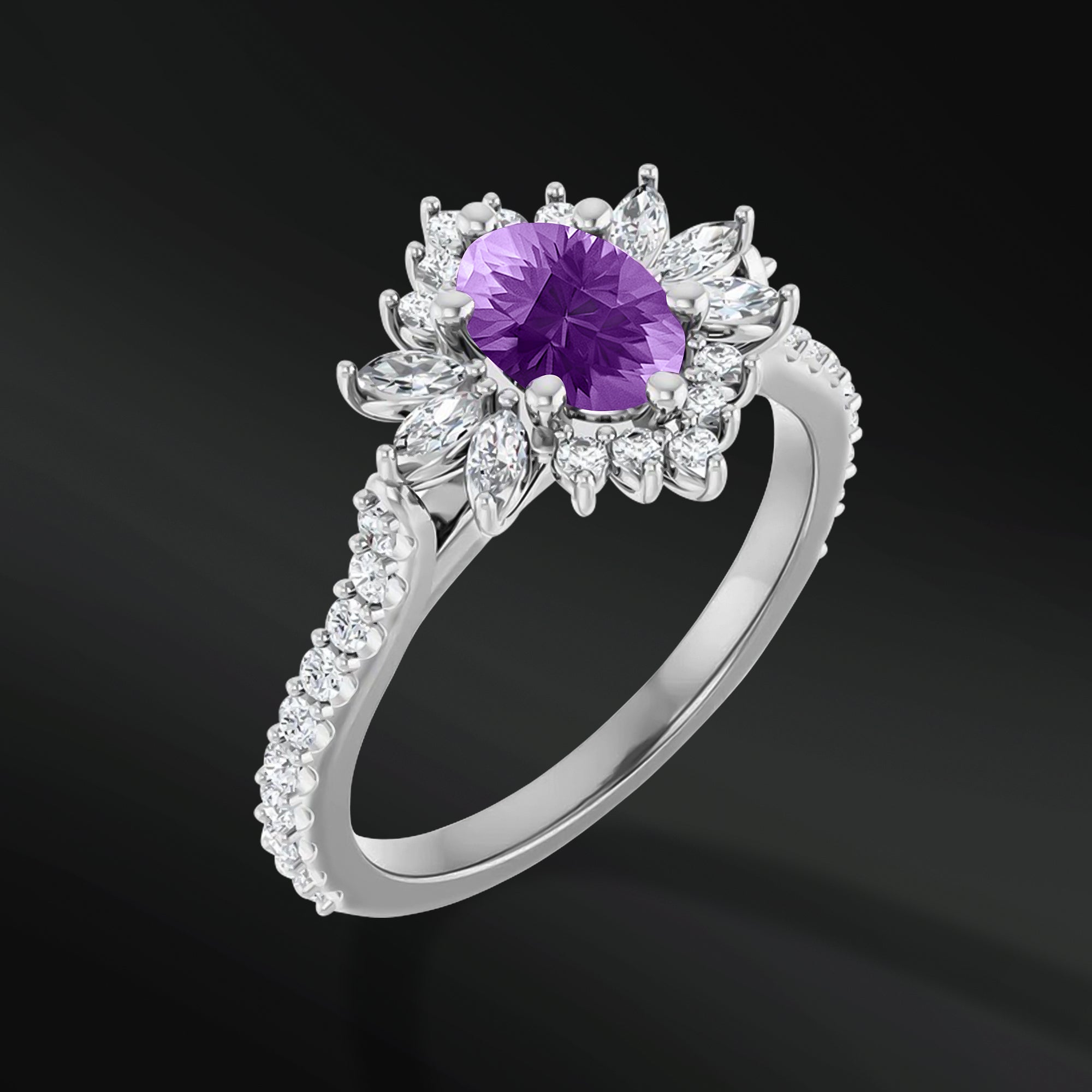 Twilight Spark - 14K Gold Engagement Ring | 7x5mm AAA Natural Amethyst | 1/2 CTW Natural Diamonds with GHI Color and SI2-SI3 Clarity | Handcrafted Floral Design