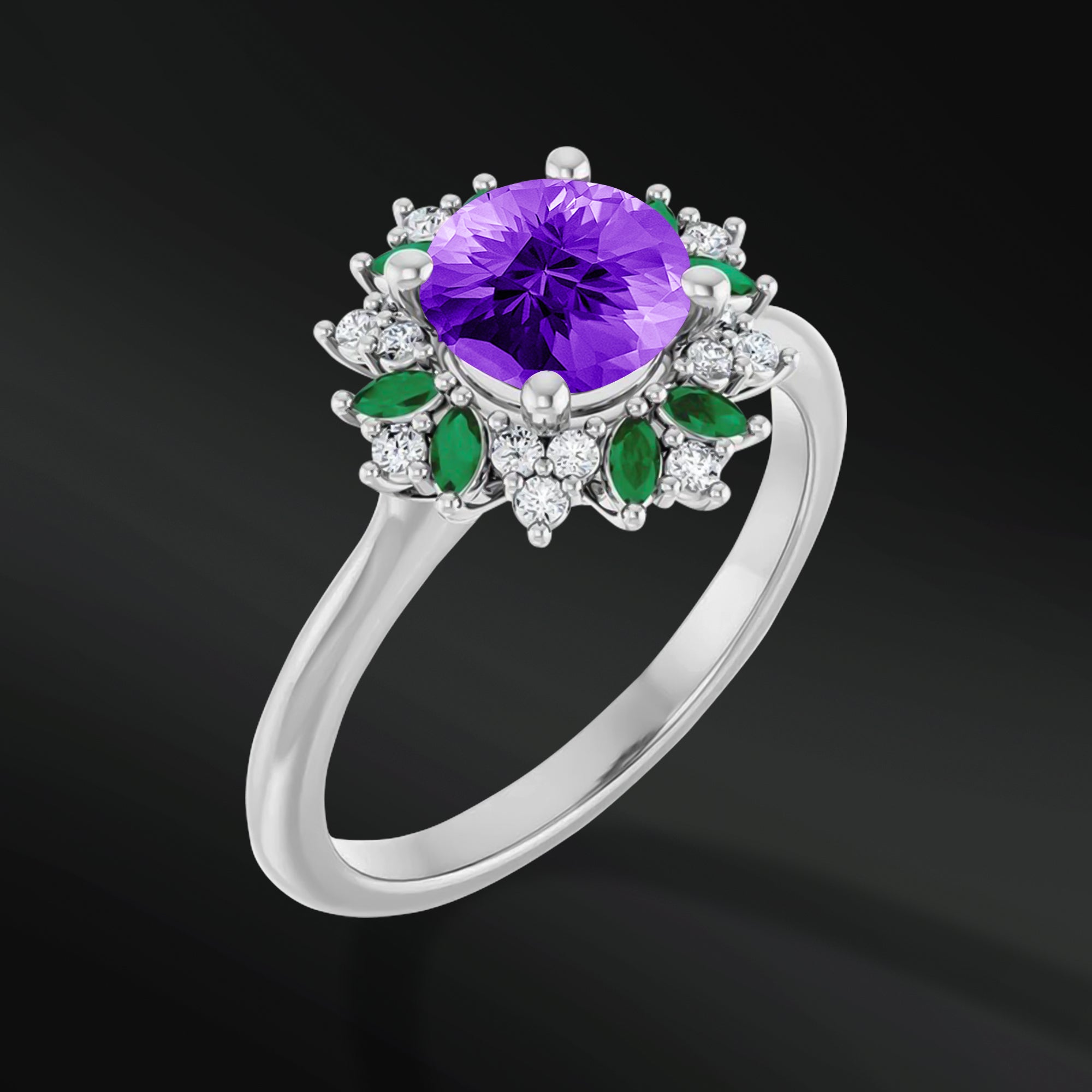 Lavender Luxe - 14K Gold Engagement Ring | 6.5mm AAA Amethyst | GHI Color, VS Clarity Natural Diamonds & Marquise Lab Emeralds | Handcrafted Floral Halo Design