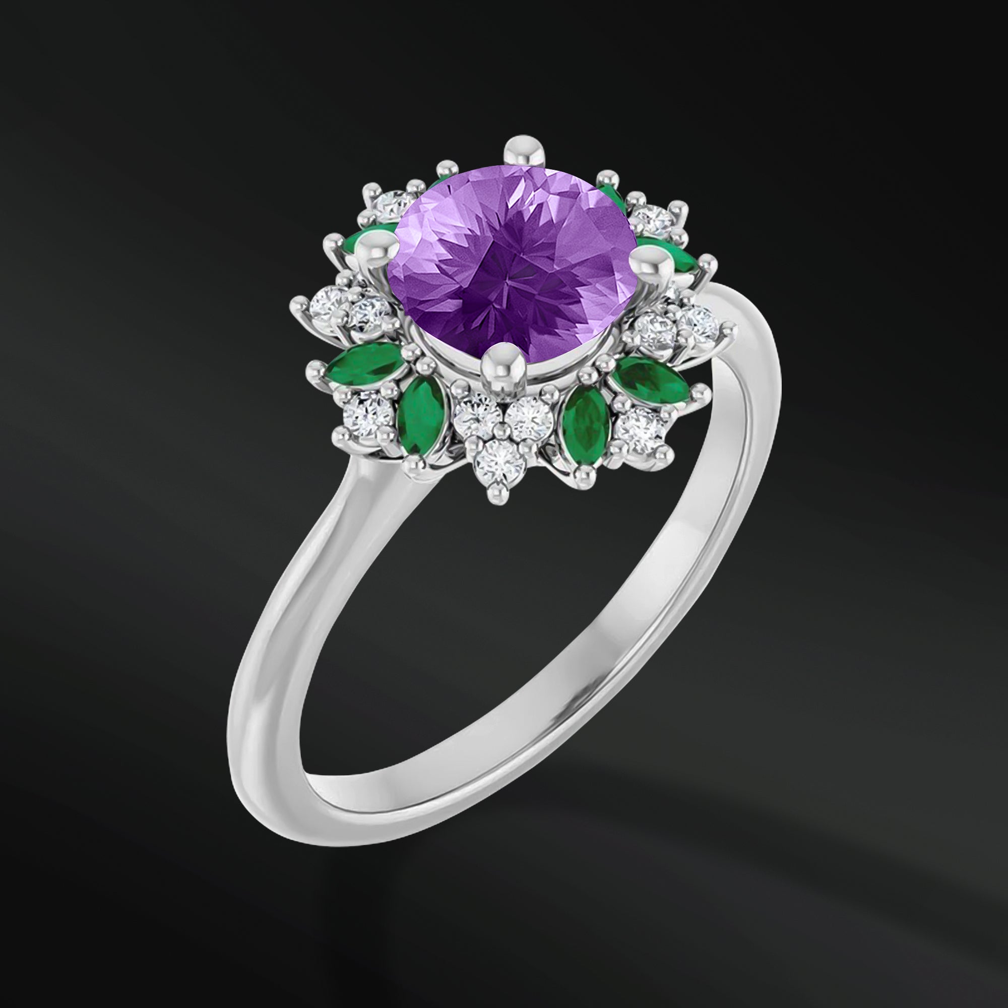 Lavender Luxe - 14K Gold Engagement Ring | 6.5mm AAA Amethyst | GHI Color, VS Clarity Natural Diamonds & Marquise Lab Emeralds | Handcrafted Floral Halo Design