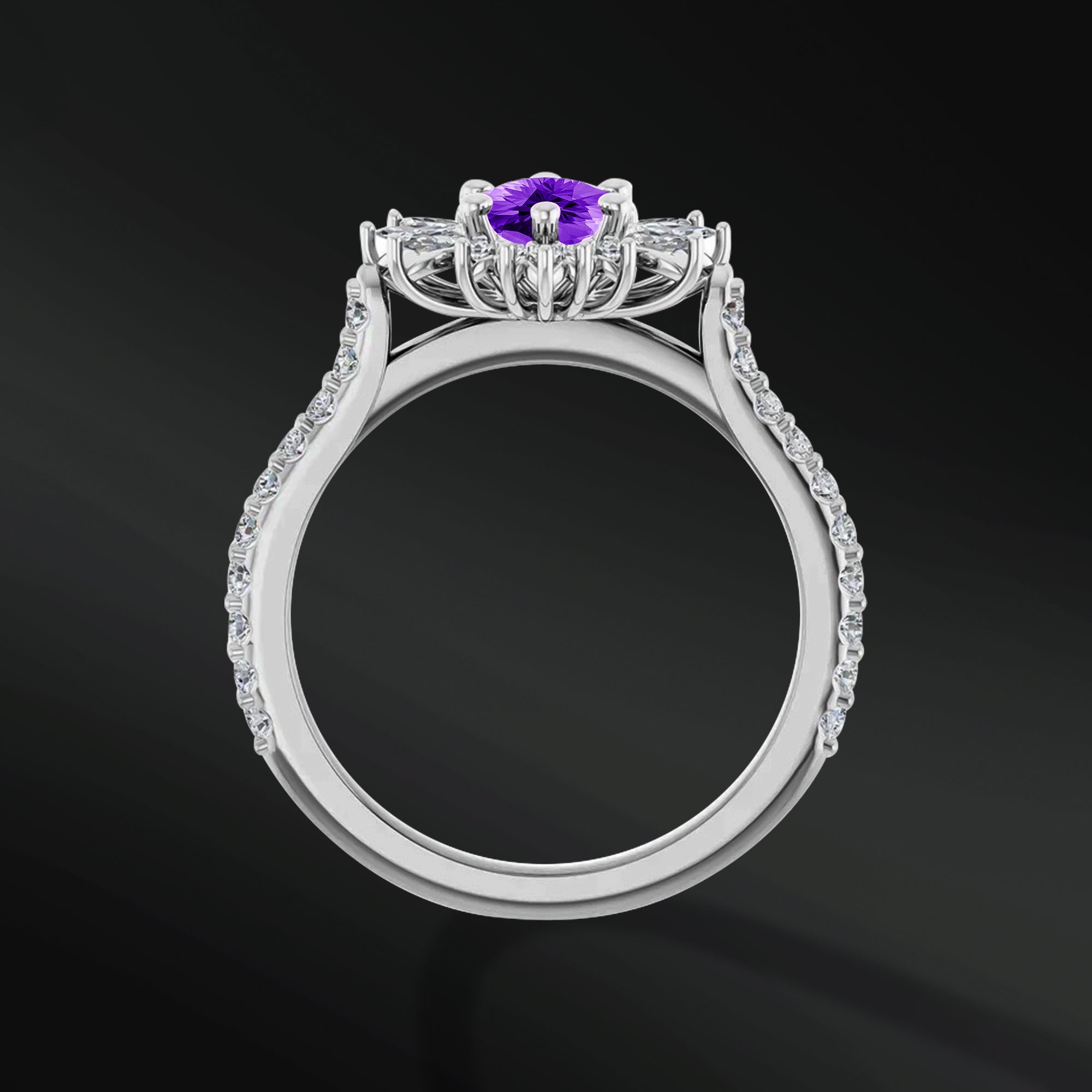 Twilight Spark - 14K Gold Engagement Ring | 7x5mm AAA Natural Amethyst | 1/2 CTW Natural Diamonds with GHI Color and SI2-SI3 Clarity | Handcrafted Floral Design