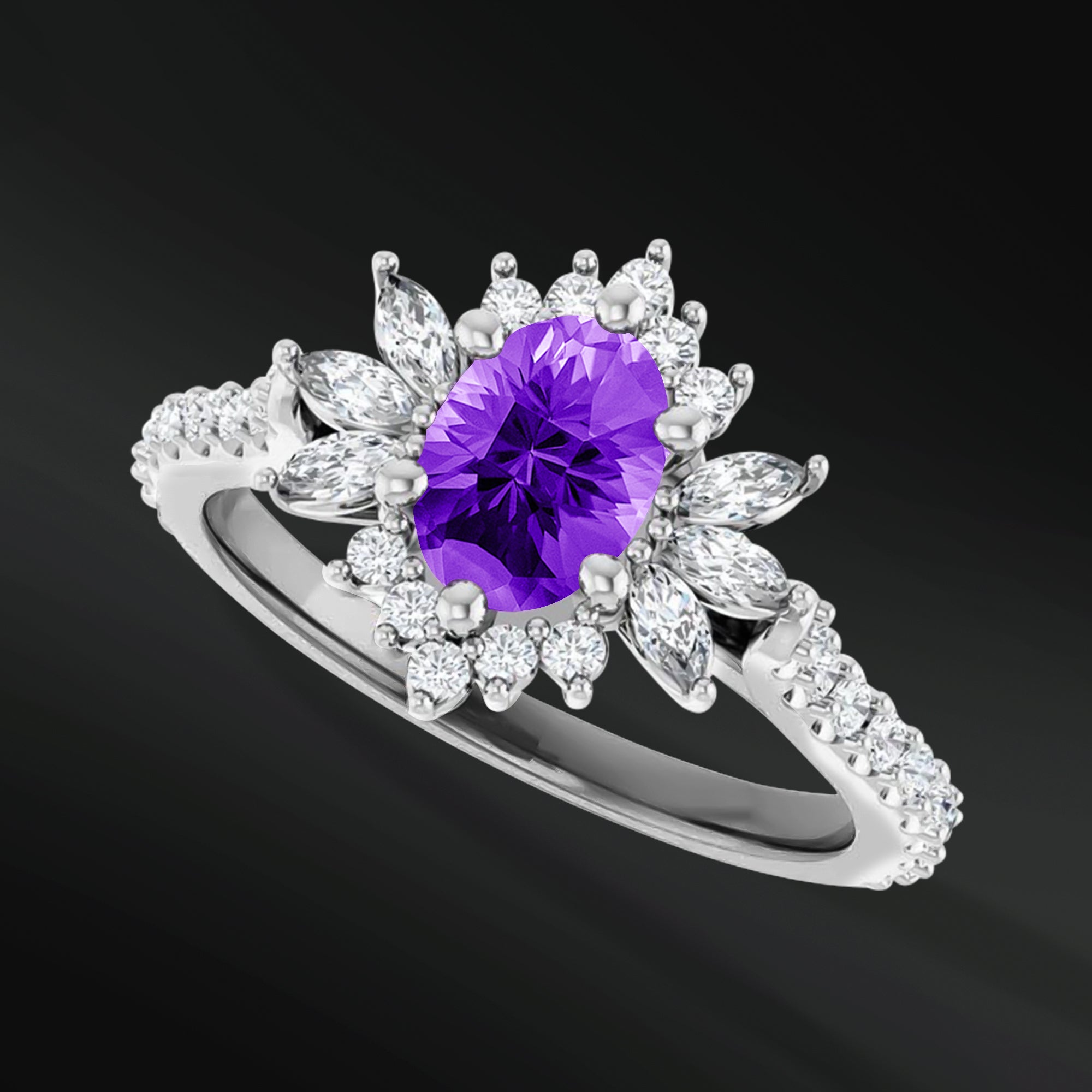 Twilight Spark - 14K Gold Engagement Ring | 7x5mm AAA Natural Amethyst | 1/2 CTW Natural Diamonds with GHI Color and SI2-SI3 Clarity | Handcrafted Floral Design