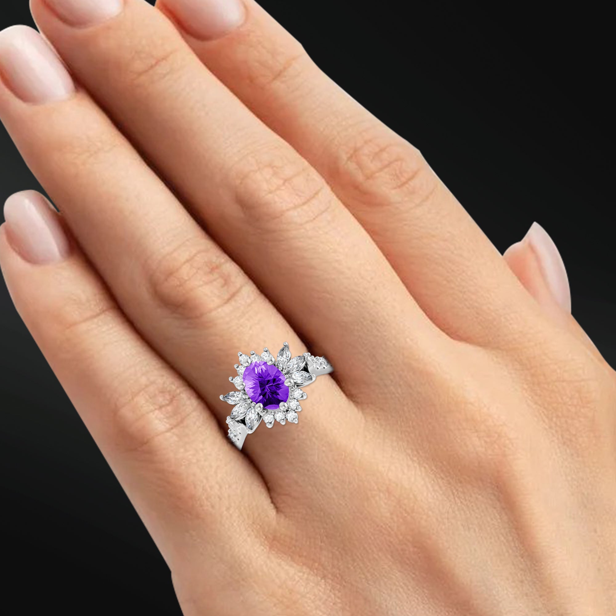 Twilight Spark - 14K Gold Engagement Ring | 7x5mm AAA Natural Amethyst | 1/2 CTW Natural Diamonds with GHI Color and SI2-SI3 Clarity | Handcrafted Floral Design