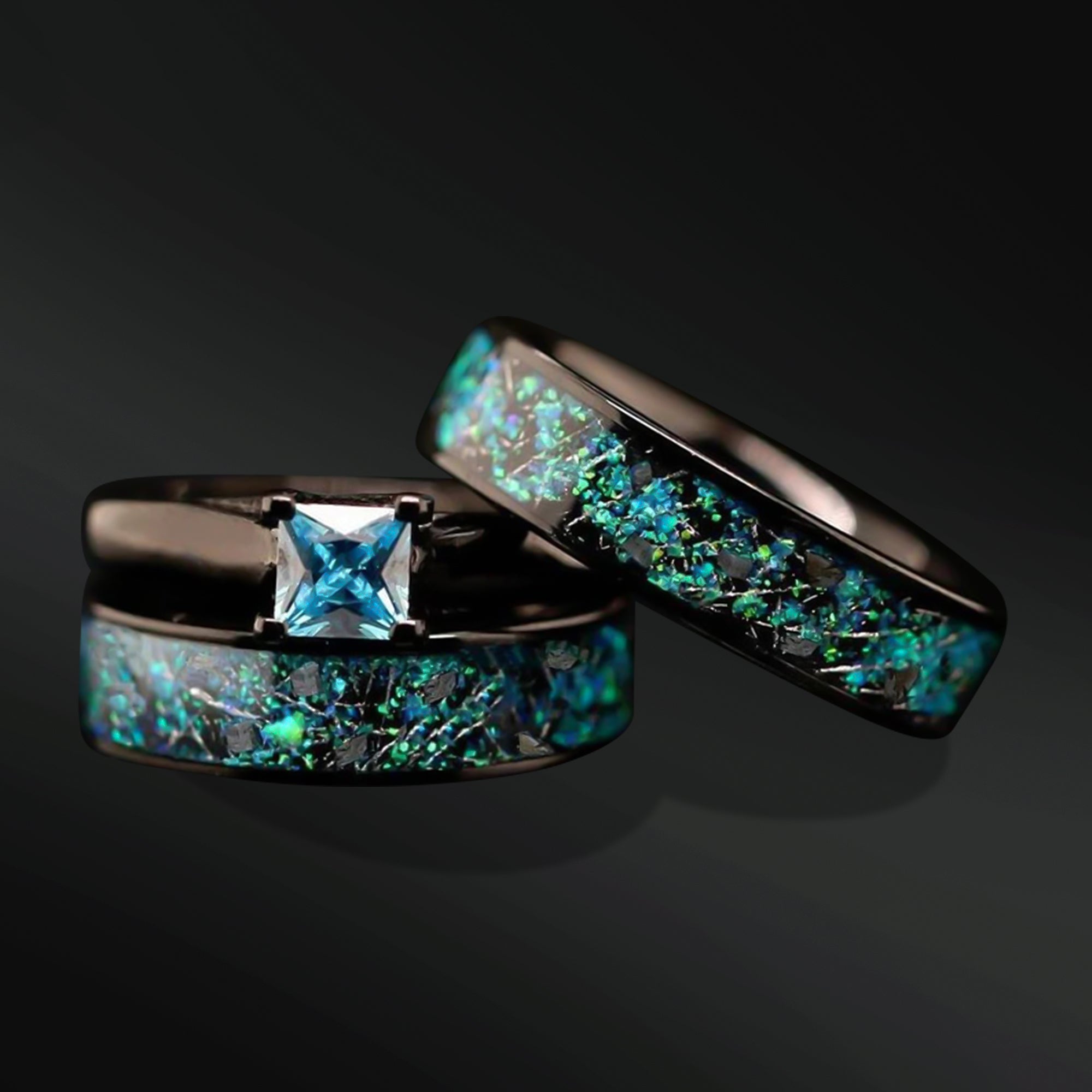 NIGHT SKY Opal & Meteorite Wedding Ring Set | Blue Solitaire Engagement Rings Set for Him and Her