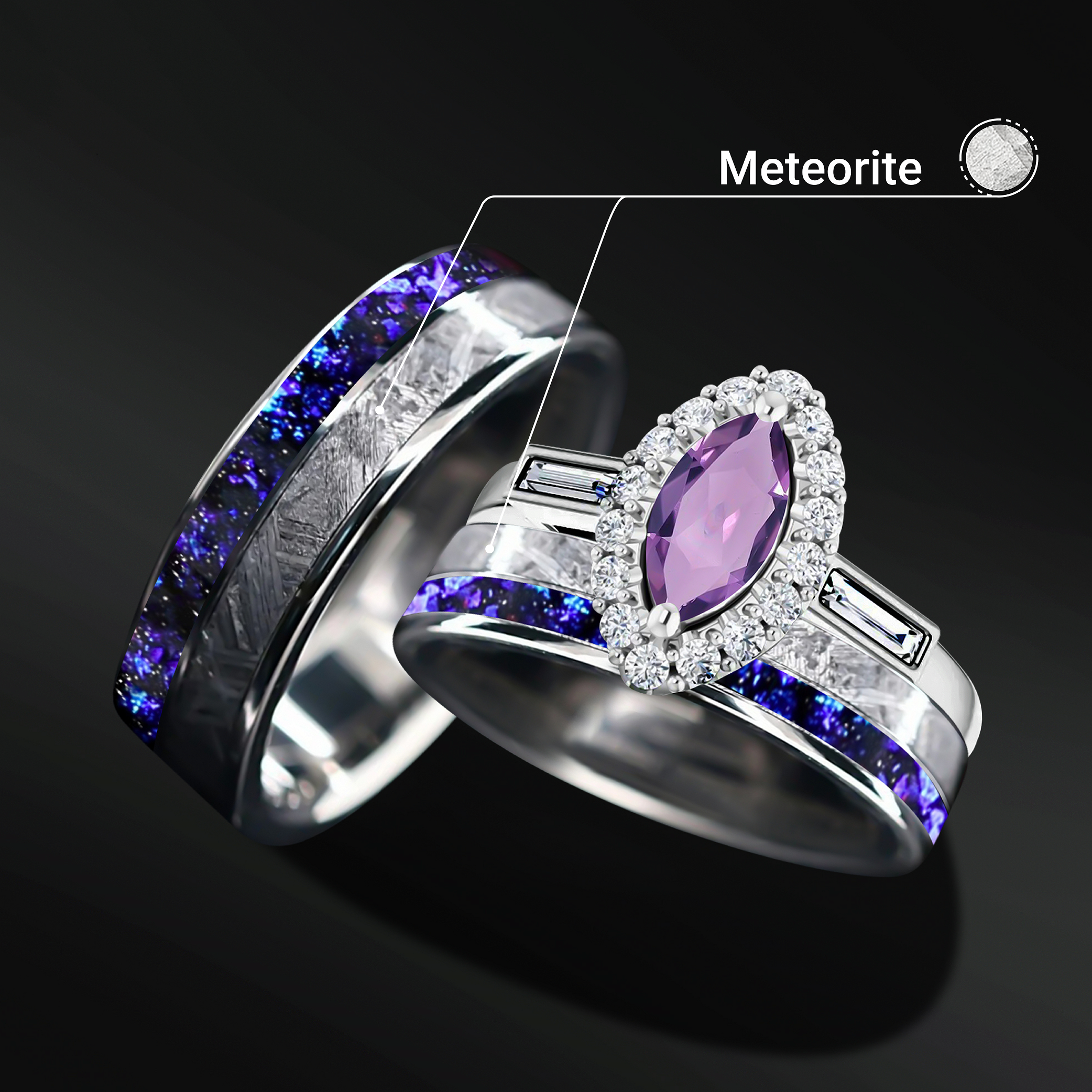 Soulmate Spark Set – 3PCS His & Her Wedding Ring Set | Natural Amethyst Engagement Ring With Natural Diamonds | Muonionalusta Meteorite and Purple Opal Wedding Bands