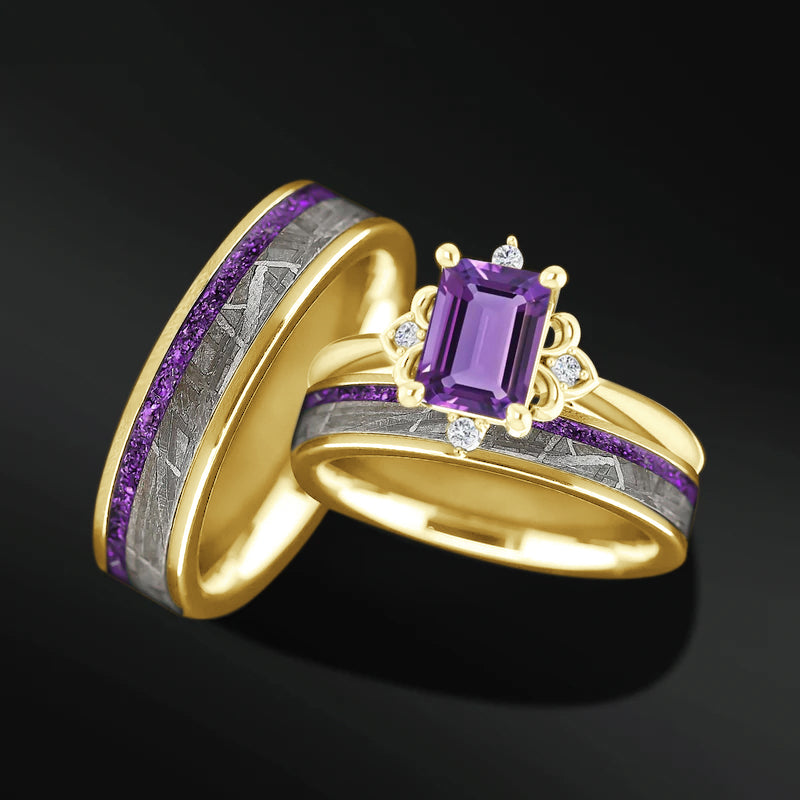 Luminous Heart Set – 3PCS His & Her Wedding Ring Set | Natural Amethyst Engagement Ring With Natural Diamonds | Muonionalusta Meteorite and Purple Opal Wedding Bands