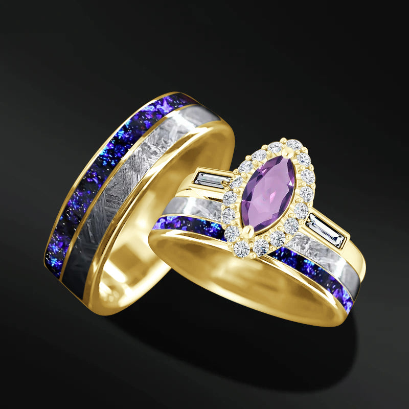 Soulmate Spark Set – 3PCS His & Her Wedding Ring Set | Natural Amethyst Engagement Ring With Natural Diamonds | Muonionalusta Meteorite and Purple Opal Wedding Bands