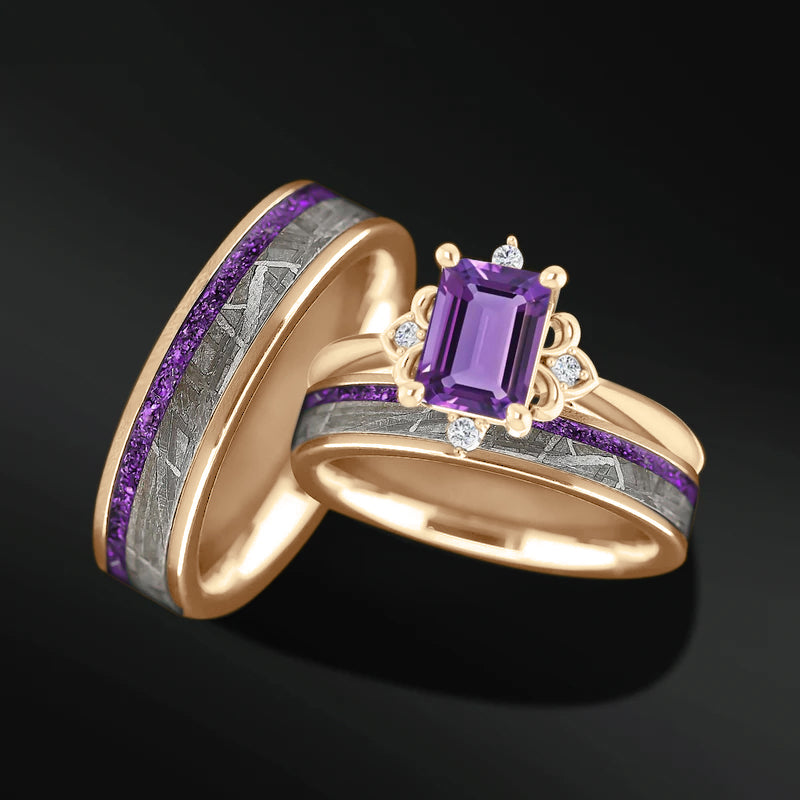 Luminous Heart Set – 3PCS His & Her Wedding Ring Set | Natural Amethyst Engagement Ring With Natural Diamonds | Muonionalusta Meteorite and Purple Opal Wedding Bands