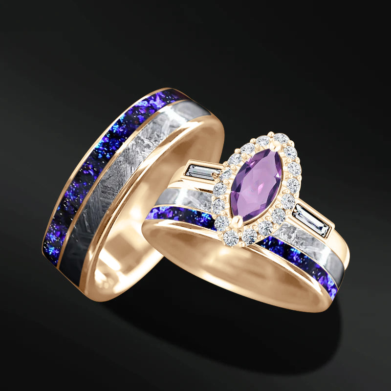 Soulmate Spark Set – 3PCS His & Her Wedding Ring Set | Natural Amethyst Engagement Ring With Natural Diamonds | Muonionalusta Meteorite and Purple Opal Wedding Bands