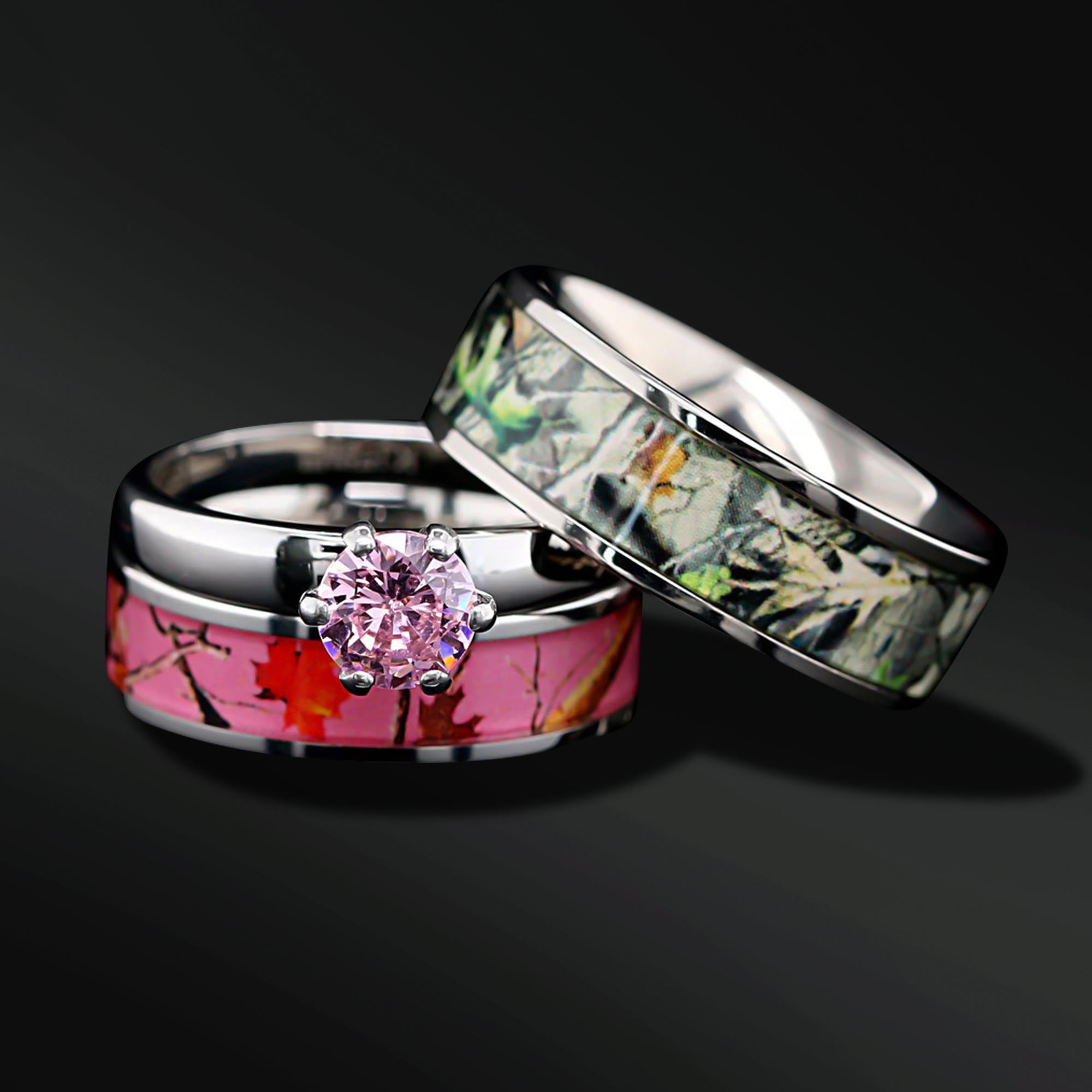 Rose Camo Bond Set - 3 piece His & Her Pink Camo Wedding Ring Set Stainless Steel and Titanium Engagement Rings