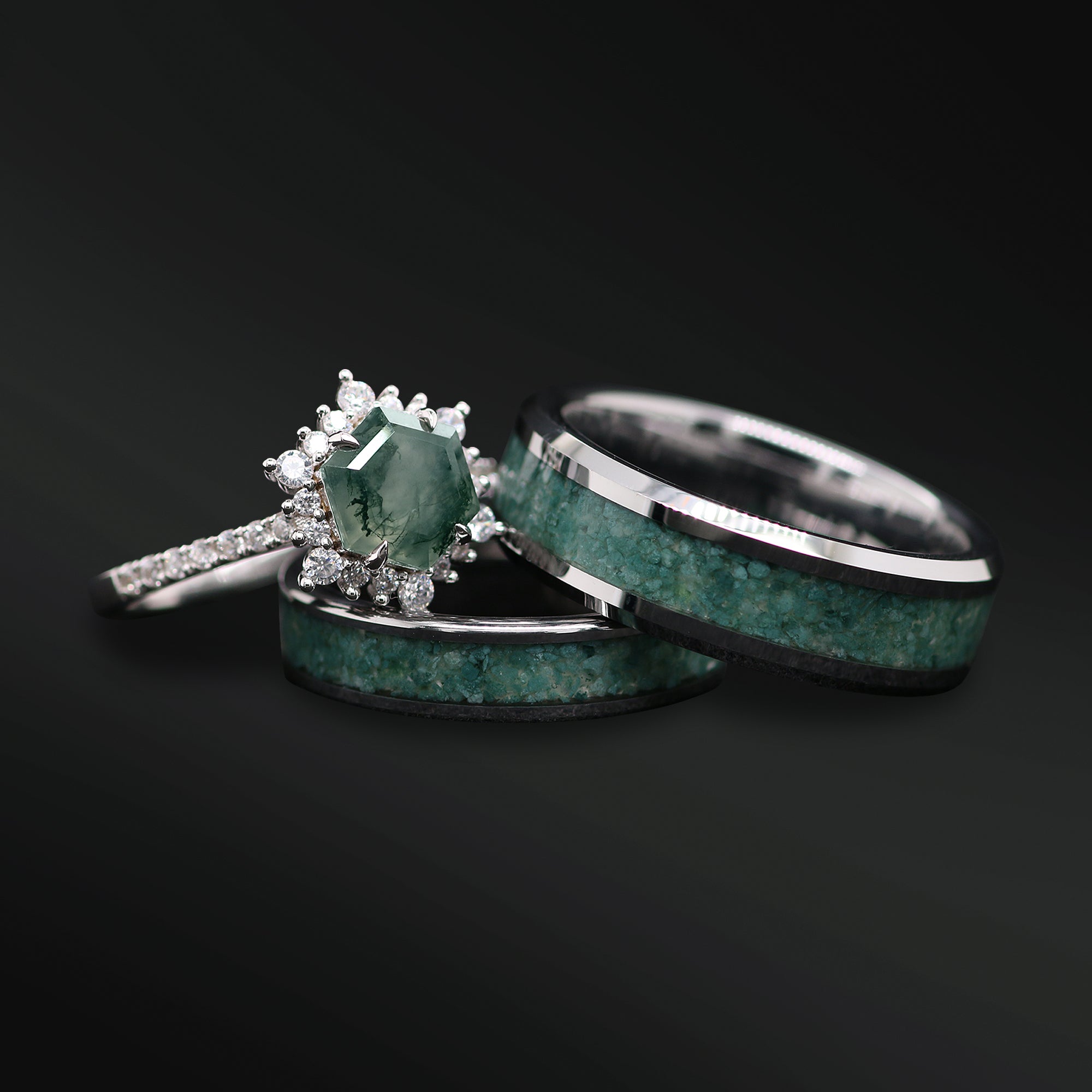 Moss Agate 3PCS His and Hers Wedding Engagement Ring Set | Sterling Silver Moss Agate Engagement Ring for Her | Tungsten Wedding Bands for Him & Her | Moss Agate Inlay