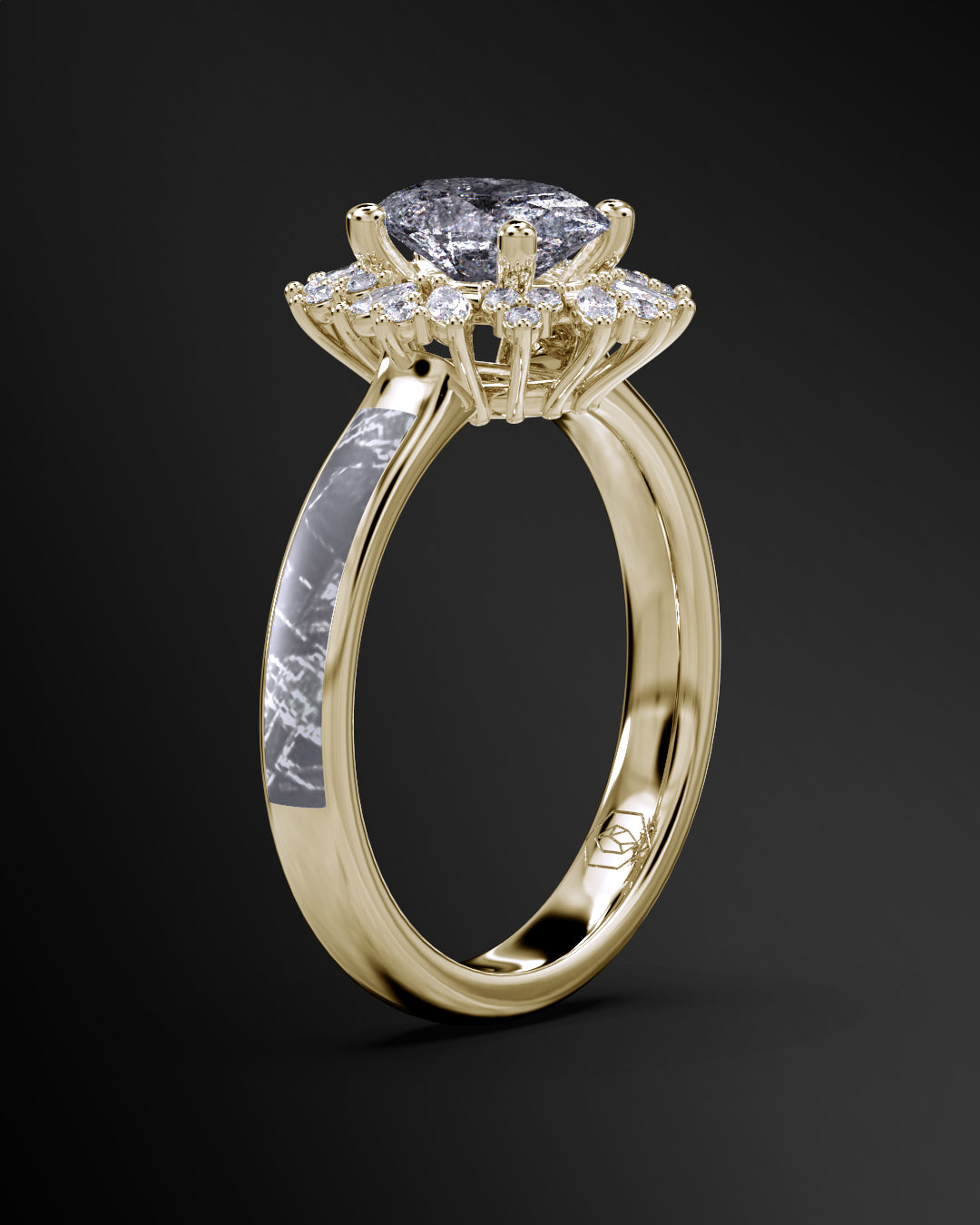 Starlight Orbit - Women's ENGAGEMENT RING | Muonionalusta Meteorite Inlay | 7x 5mm Oval-cut GALAXY DIAMOND RING