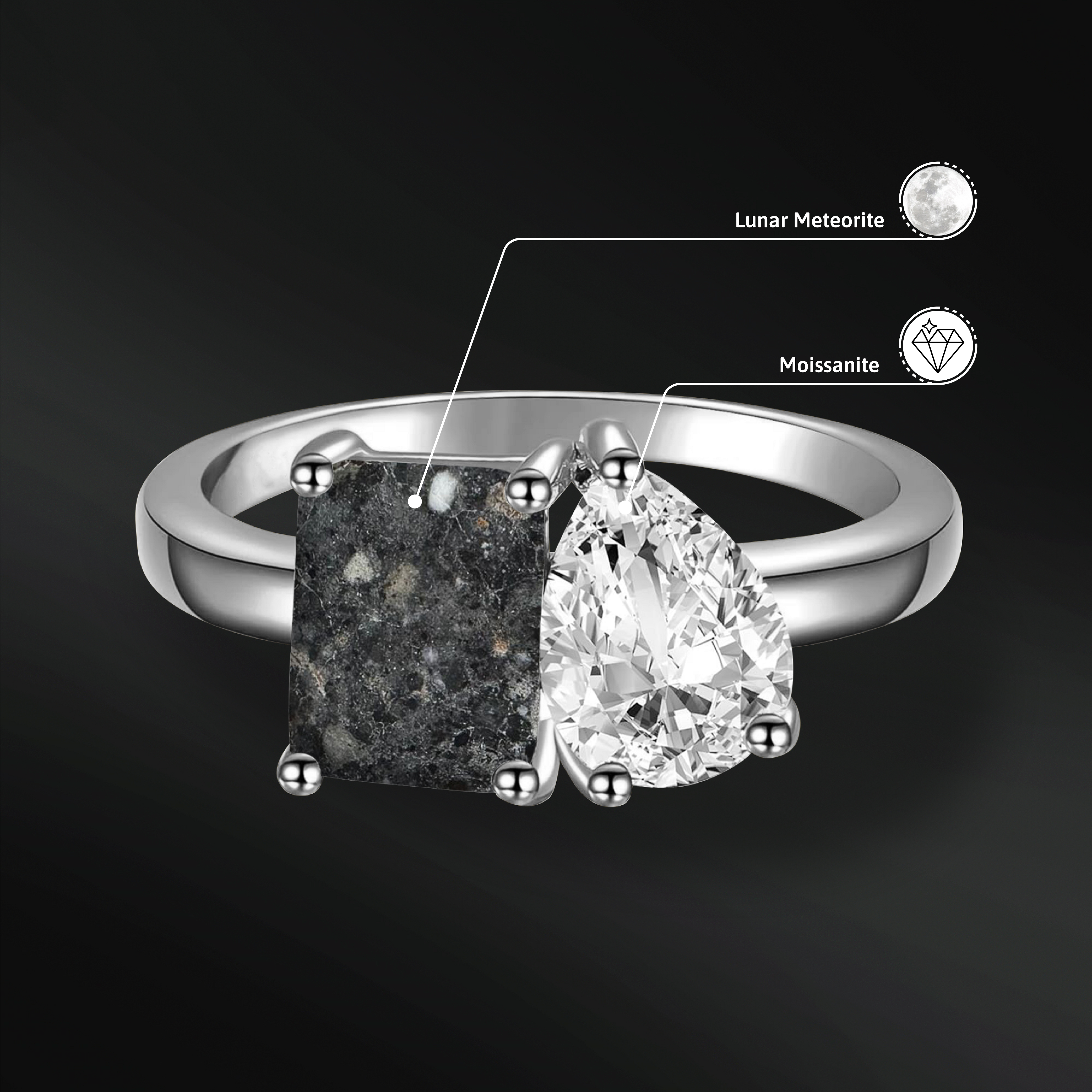 Moon Obsession Ring - Authentic Lunar Meteorite in Gold | Moissanite Gemstone | D-Color VVS1 Clarity