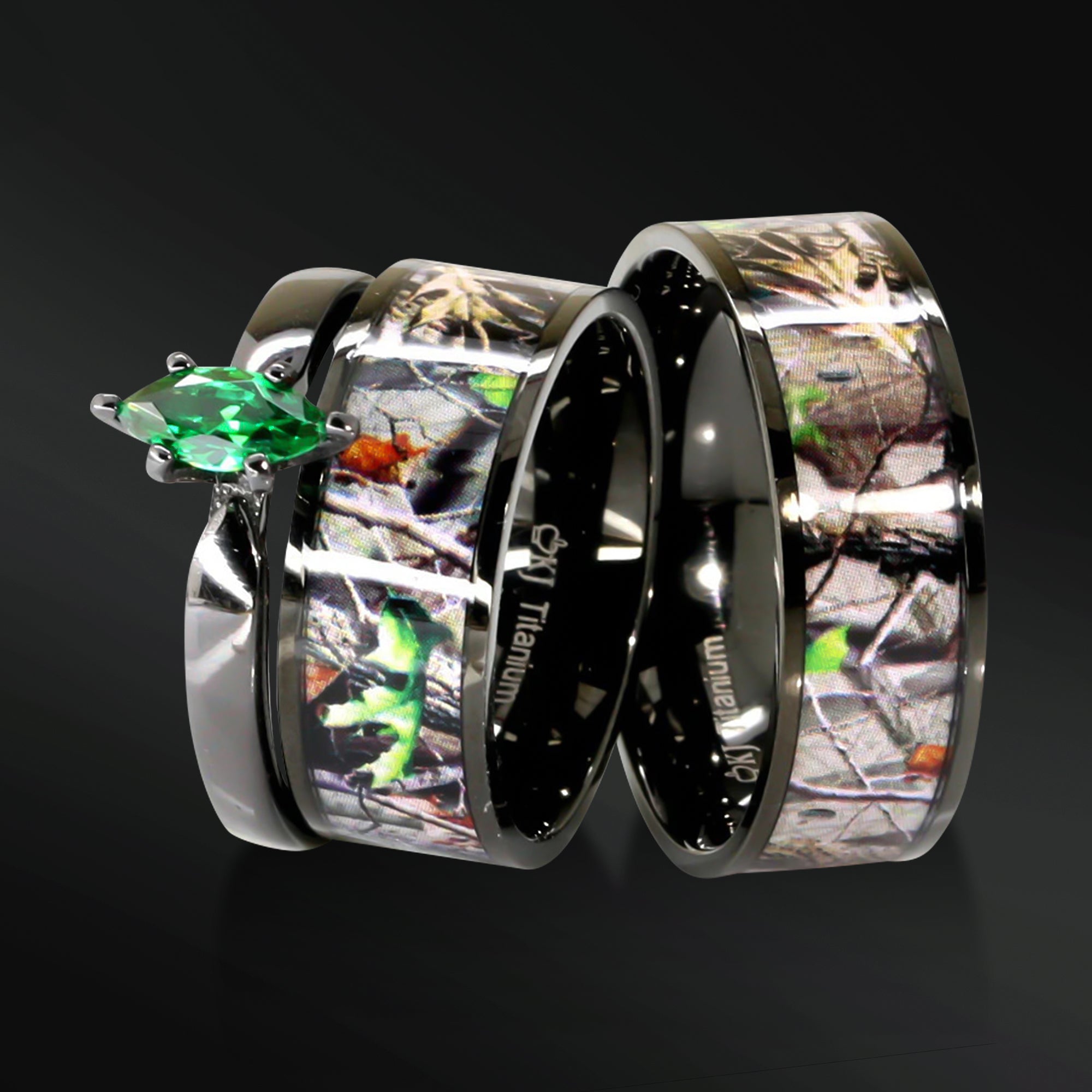 Shadow Forest - Green Marquise Camo Set | 3 pcs Engagement Ring & Wedding Bands Set