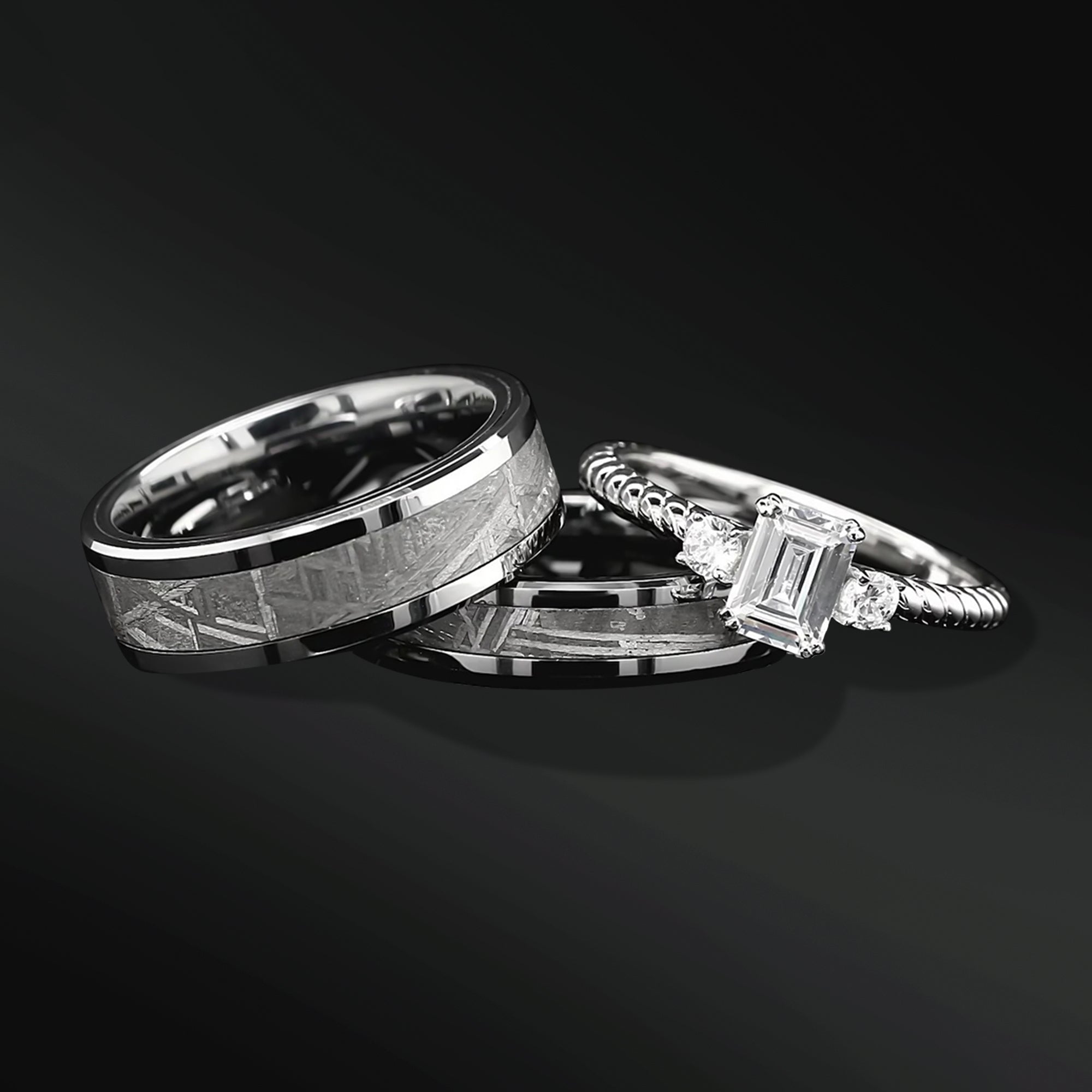 Sky Wonder - 3 PCs Engagement Ring Set | Sterling Silver Ring for Women | Tungsten Wedding Bands for Him & Her | Real Meteorite | FREE ENGRAVING