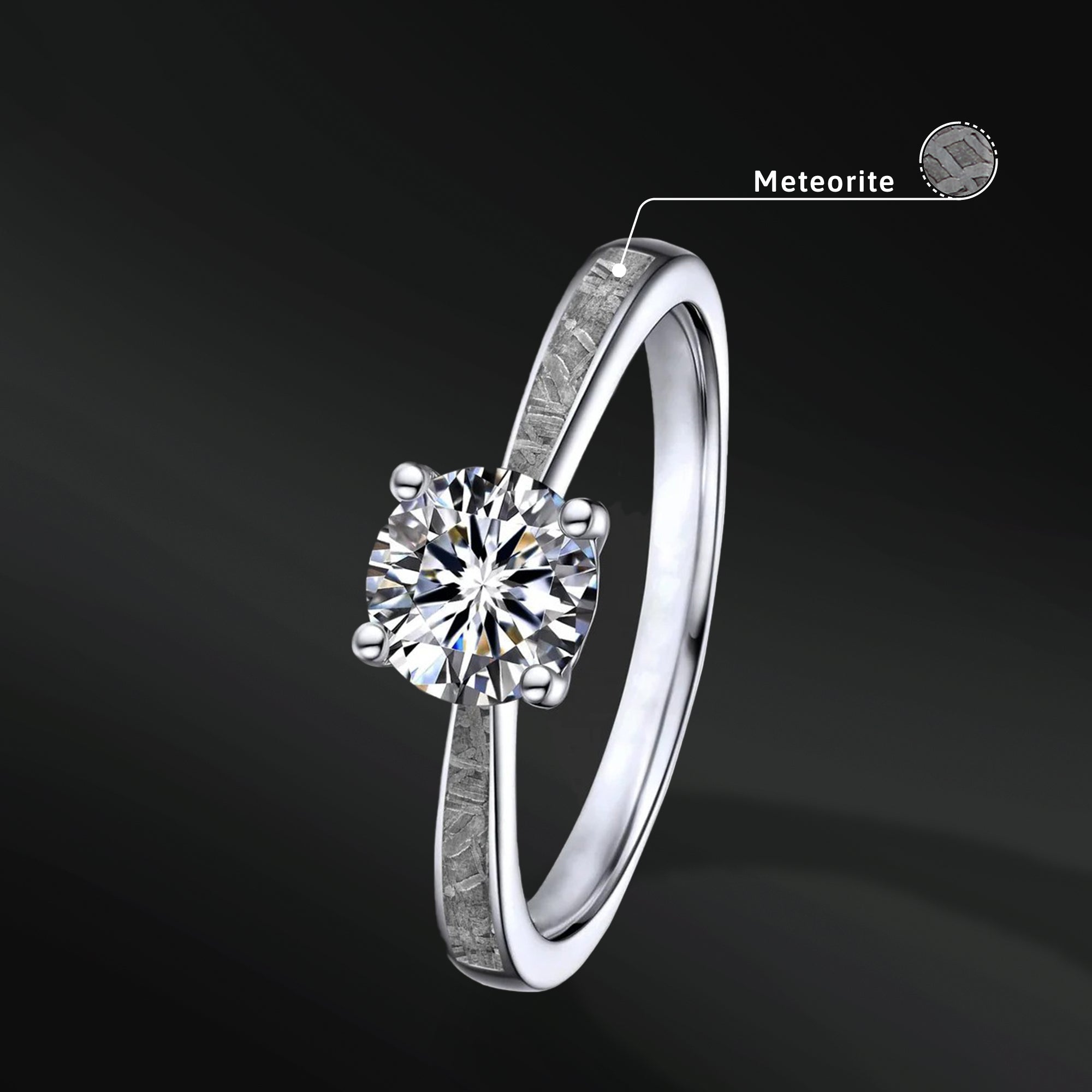 Solitaire Meteorite Engagement Ring 14K Gold & Moissanite - Gift from the Skies for your Beloved. Made to order.