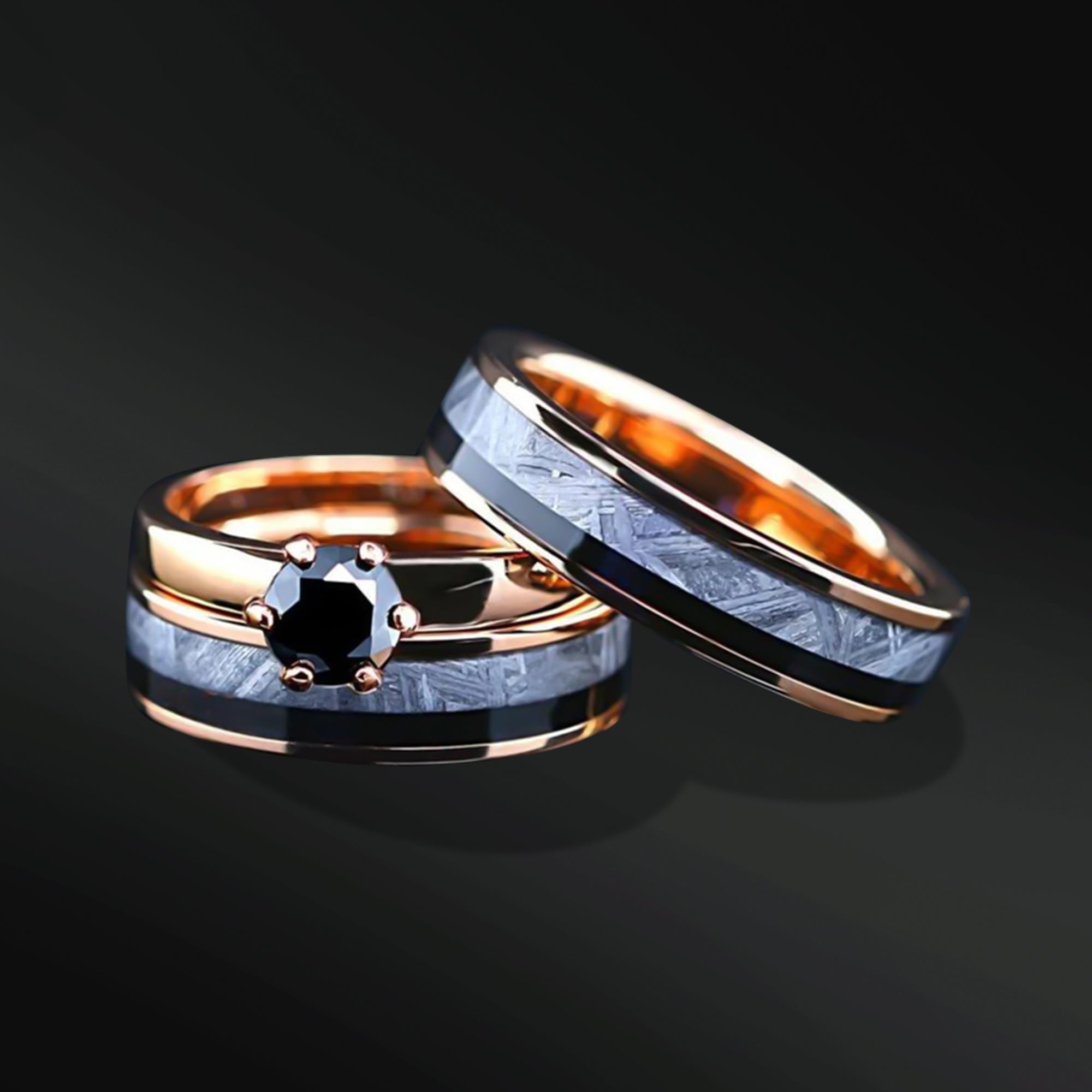 Stellar Union Meteorite Set - Engagement Wedding Ring Set | Meteorite Engagement Ring | Unique Wedding Band for Man and Woman