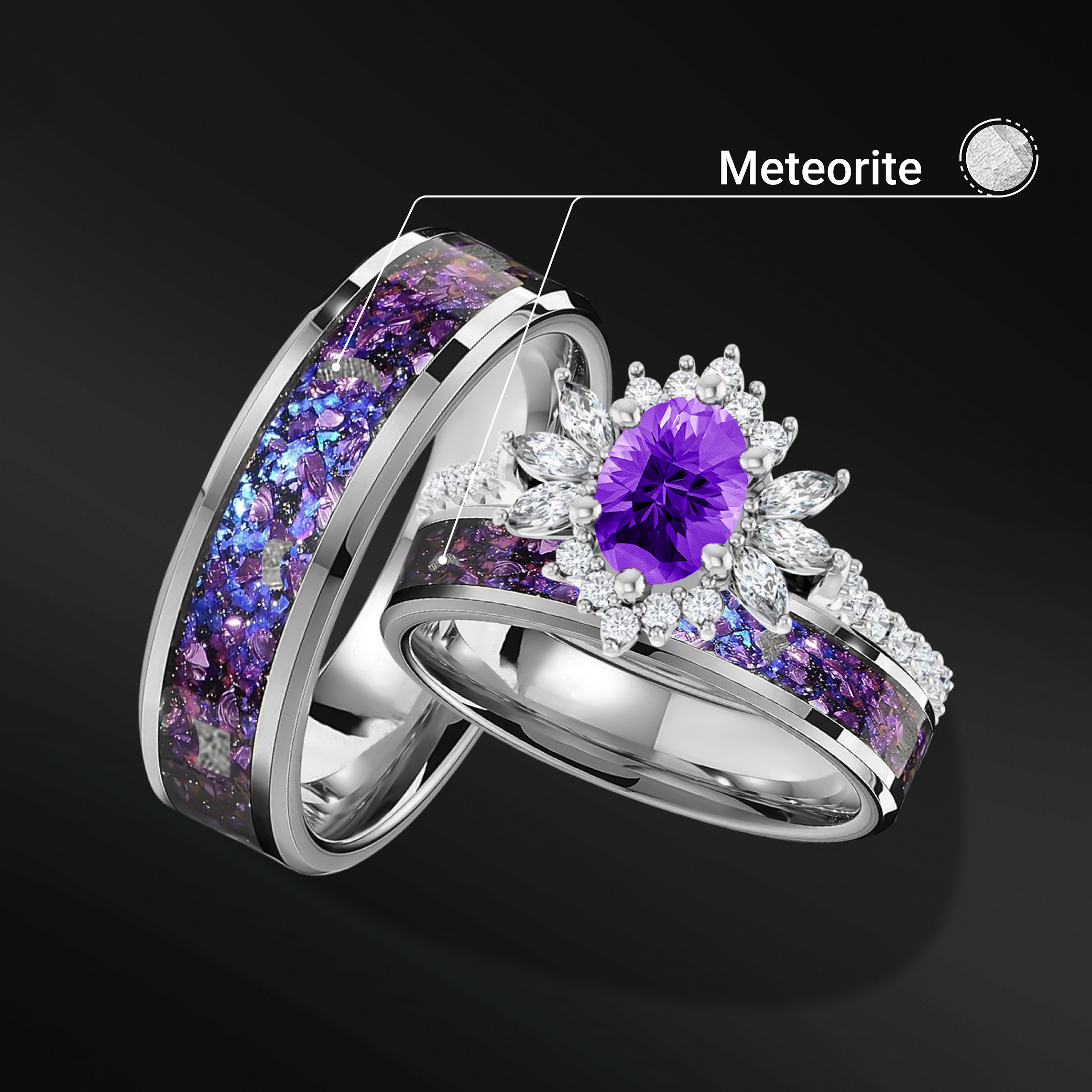 Twilight Spark Set - 3PCS His & Her Wedding Ring Set | Natural Amethyst Engagement Ring With Natural Diamonds| Muonionalusta Meteorite, Amethyst and Opal Wedding Band