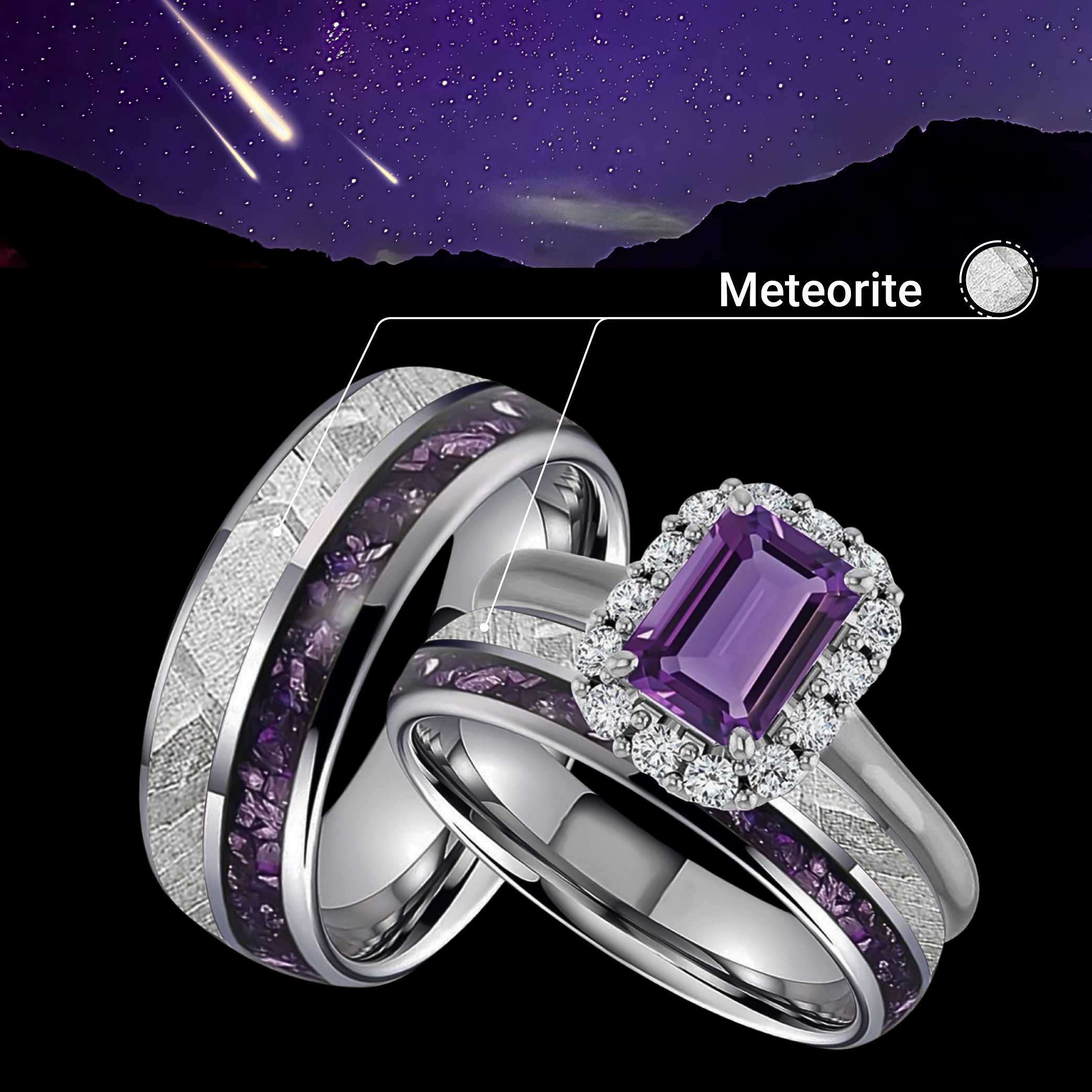 Violet Bliss Set - 3PCS His & Her Wedding Engagement Ring Set | Amethyst Engagement Ring With Natural Diamonds | Muonionalusta Meteorite and Amethyst Wedding Band