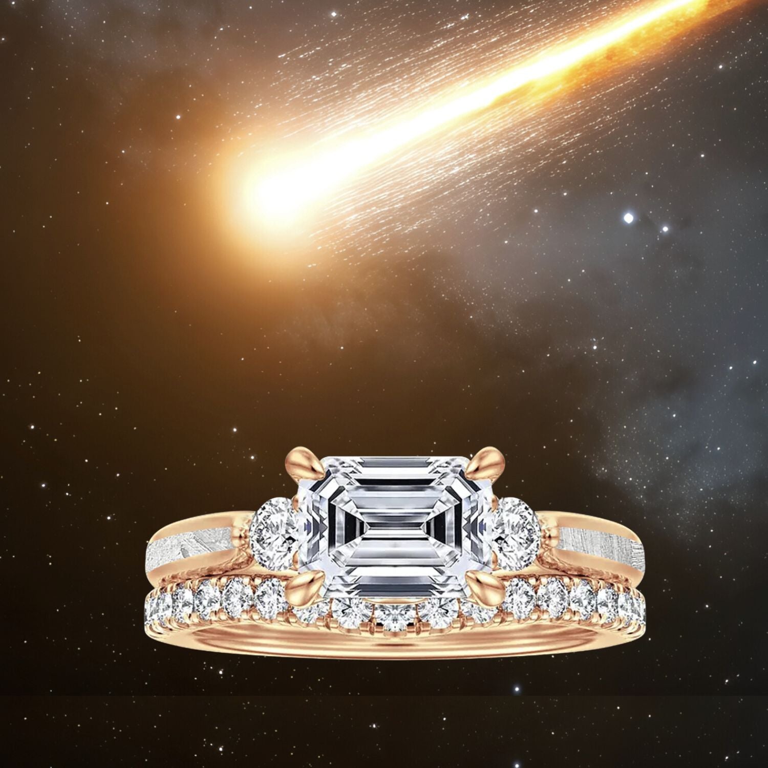 Meteorite Embrace - 14K Gold or Sterling Silver Engagement Ring for Women | Muonionalusta Meteorite | 7x5mm Emerald Cut Certified Moissanite Engagement Ring