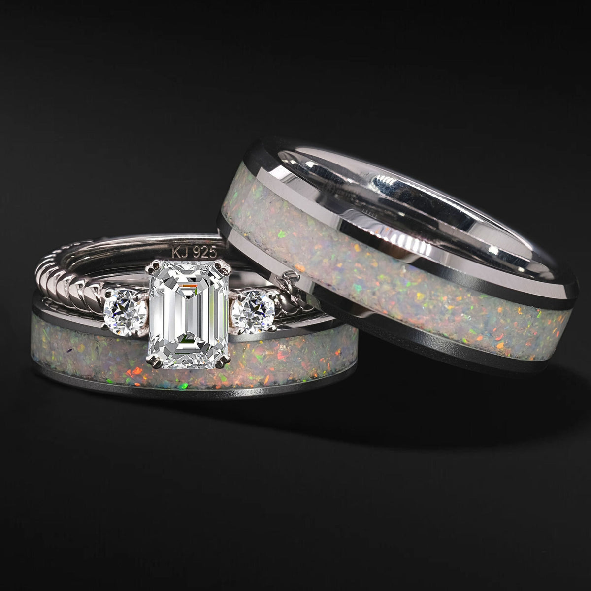 KingswayJewelry His & Hers Heart Matching Ring Set - Sterling Silver & Titanium | Engagement & Wedding Bands | Size Men's 9, Women's 9