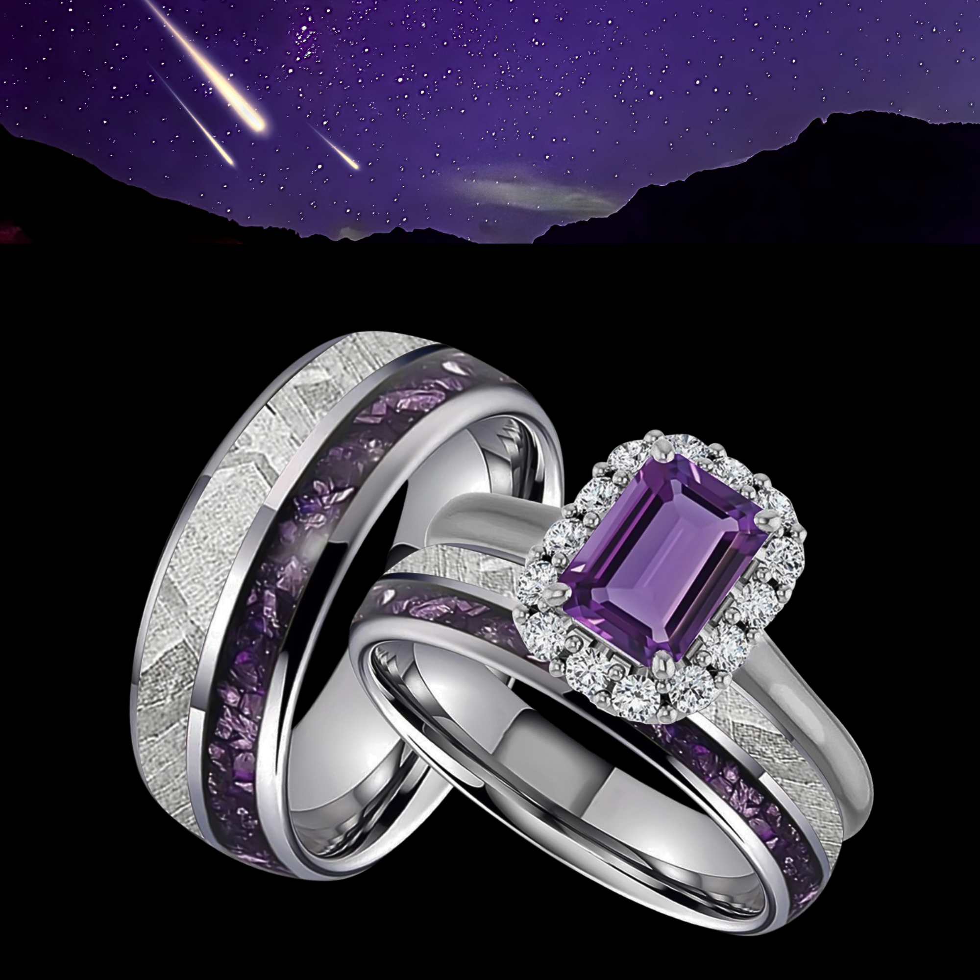 Violet Bliss Set - 3PCS His & Her Wedding Engagement Ring Set | Amethyst Engagement Ring With Natural Diamonds | Muonionalusta Meteorite and Amethyst Wedding Band