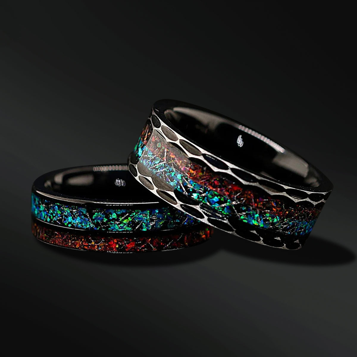 Volcano Wedding Band Set for Him and Her Opal Meteorite Wedding Ba