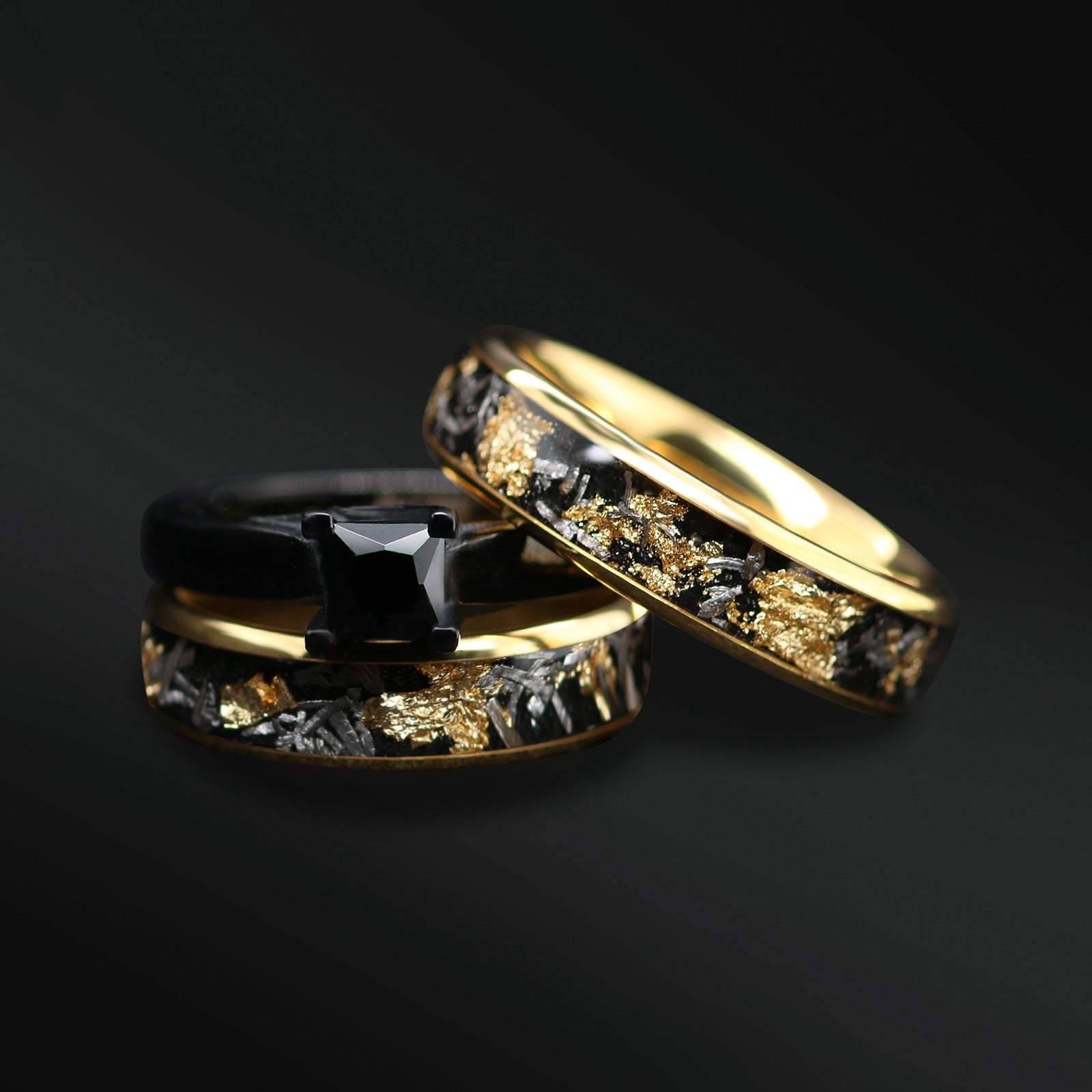 3PCS His and Hers Wedding Engagement Ring Set | Natural Spinel Engagement Ring for Her | Tungsten Wedding Bands for Him and Her | Gold Foil & Meteorite Replica