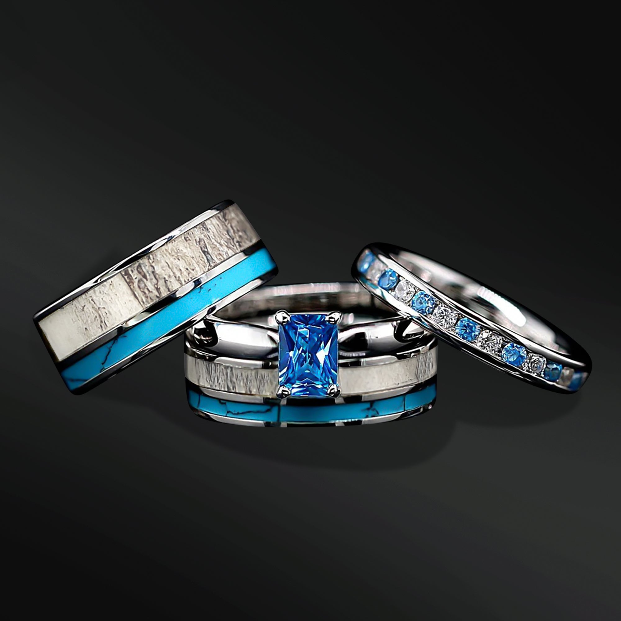 Wild Azure - Antler Rings Set of 4 | His & Her Wedding Ring Set Turquoise & Deer Antler