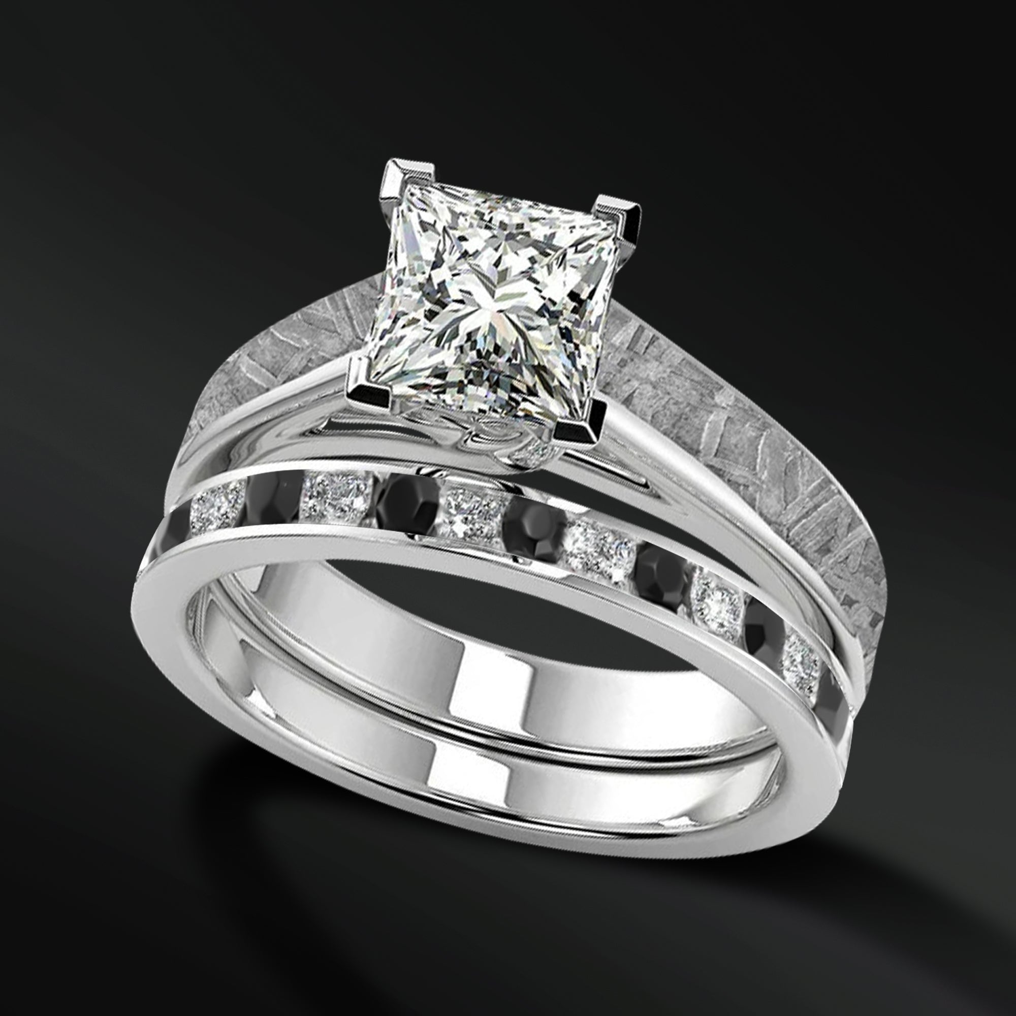 Lover's Embrace Set - 3PCS His & Her Wedding Engagement Ring Set | Lab Grown Diamond | Muonionalusta Meteorite Wedding Band
