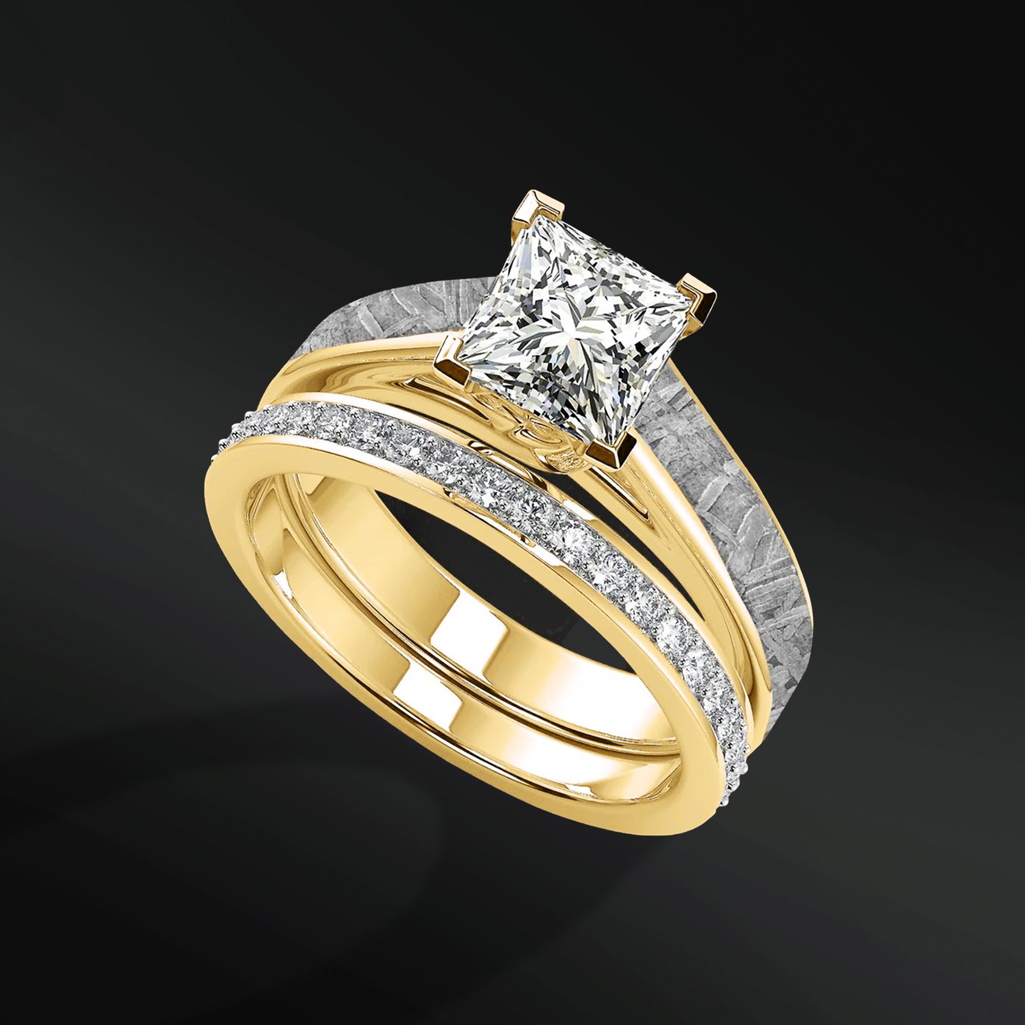 Golden Skyfall Set  - 14K Gold & Meteorite Engagement Wedding Ring Set | Made to order