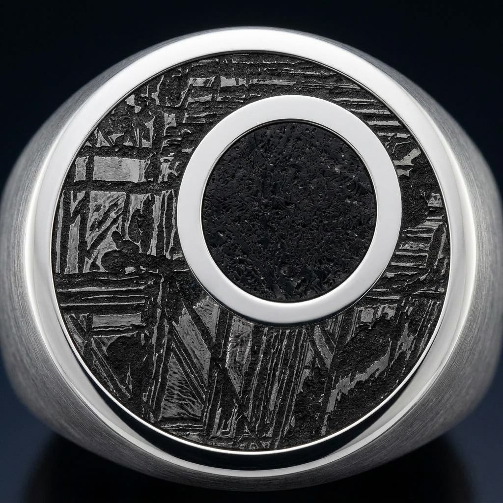 Crater - Lunar Meteorite in Black Aletai - Signet Ring