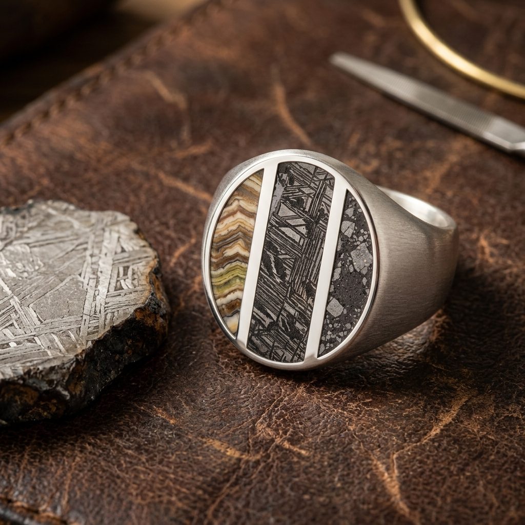 Epoch - Three Meteorite & Fossil Inlays - Signet Ring