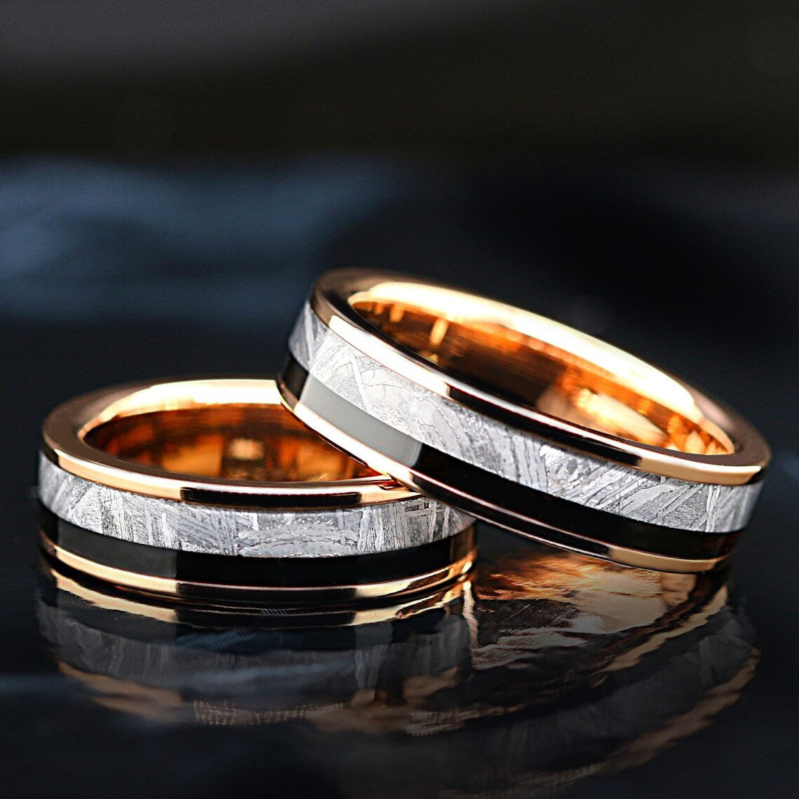 14K Gold Plated Real Meteorite Ring, Black Wood Ring, Titanium Wedding Rings FREE ENGRAVING