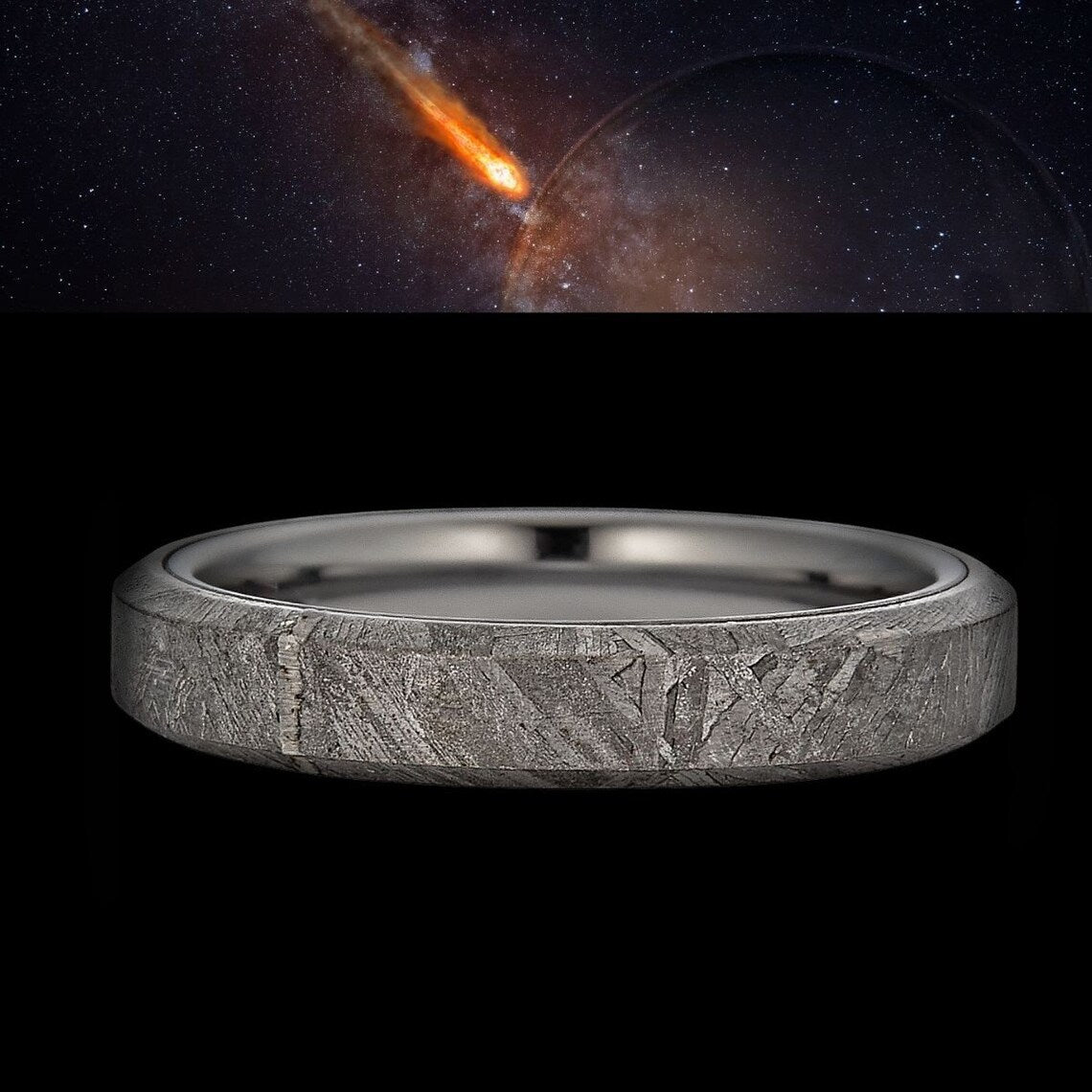 Real Muonionalusta Meteorite Ring with Tungsten – 4mm Comfort Fit Wedding Ring Highly Durable Tungsten Band FREE ENGRAVING