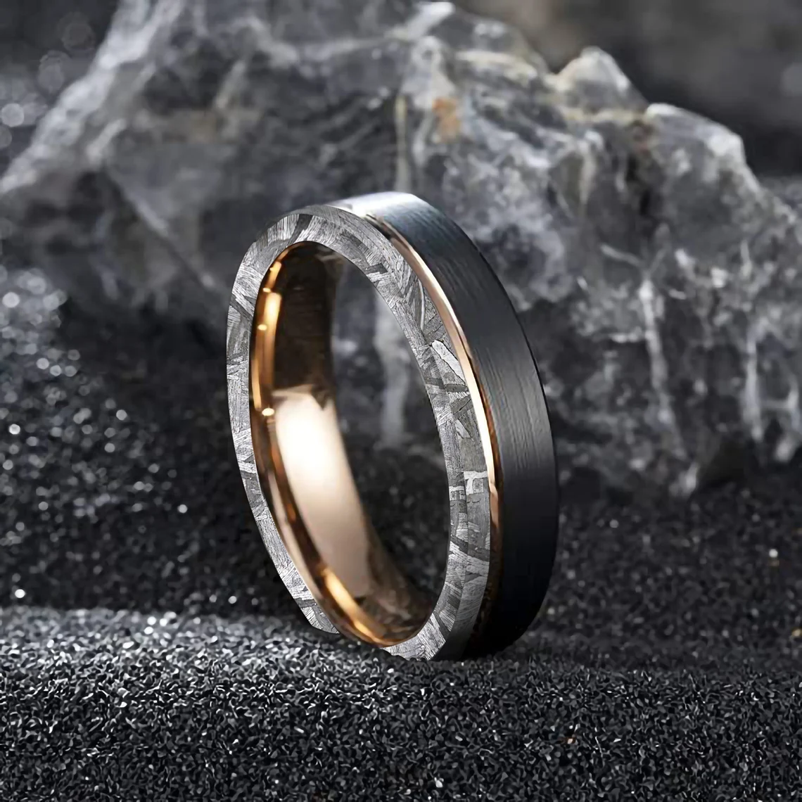 His Hers 3 pcs Meteorite Wedding Ring Set Real Meteorite Ring 14K Gold Plated Spinel Ring Stainless Steel Tungsten Wedding Rings
