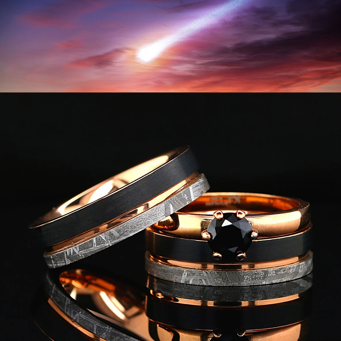 His Hers 3 pcs Meteorite Wedding Ring Set Real Meteorite Ring 14K Gold Plated Spinel Ring Stainless Steel Tungsten Wedding Rings