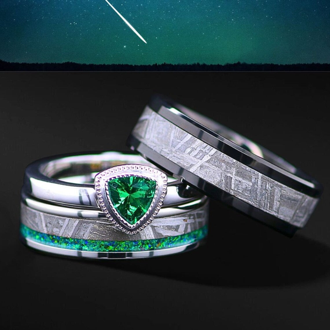 His & Hers Genuine Meteorite Engagement and Wedding Ring Set, Unique Handcrafted Galactic Love Symbol FREE ENGRAVING