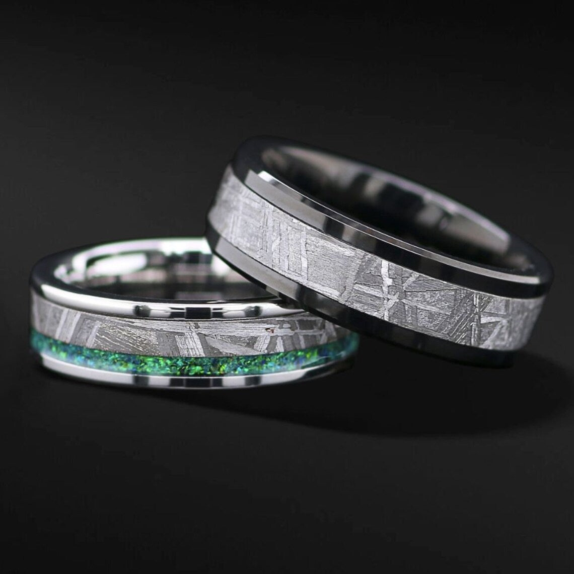 His & Hers Genuine Meteorite Engagement and Wedding Ring Set, Unique Handcrafted Galactic Love Symbol FREE ENGRAVING